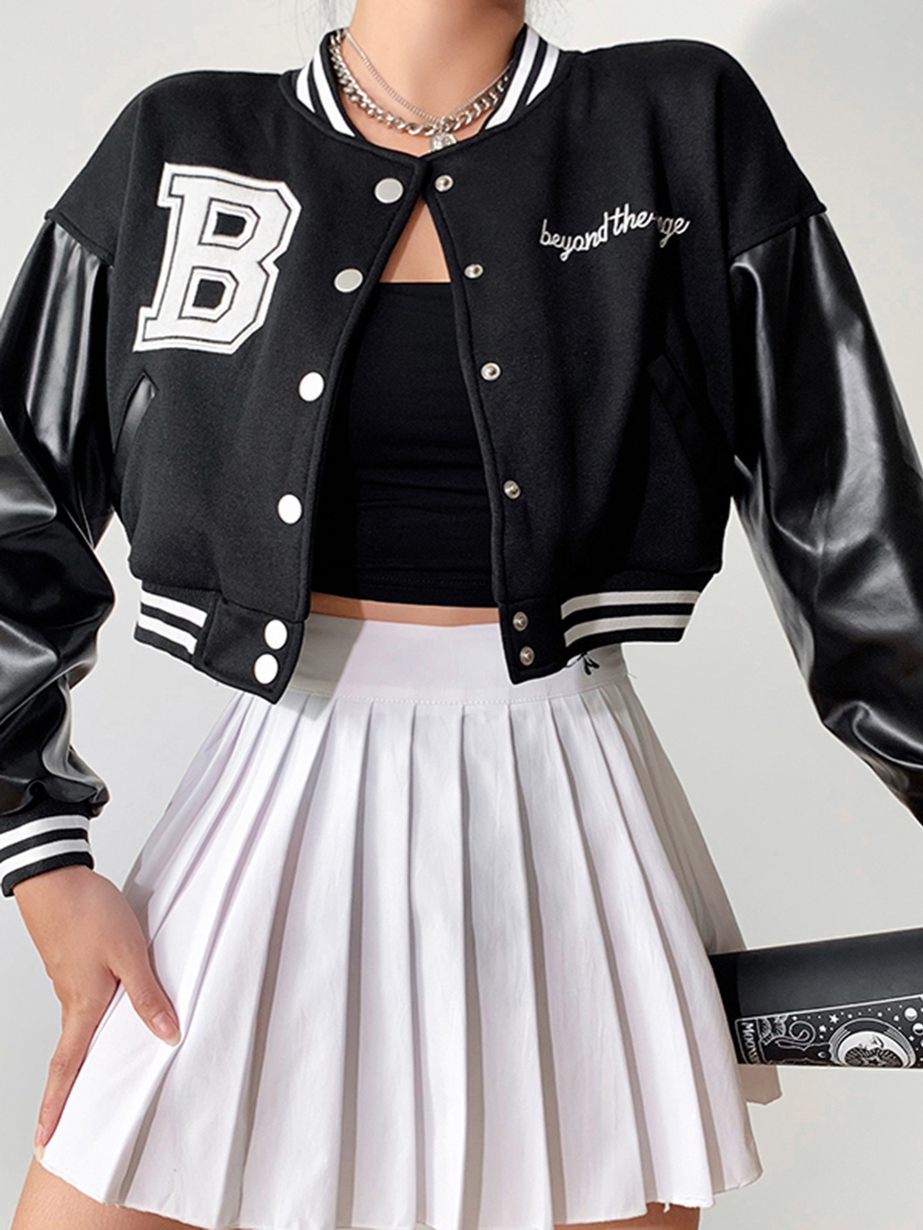 Brown Baseball Girls Teenager Patchwork Button Black Crop Top Coats A-line  Skirt Set Varsity Bomber Jacket School Tracksuit