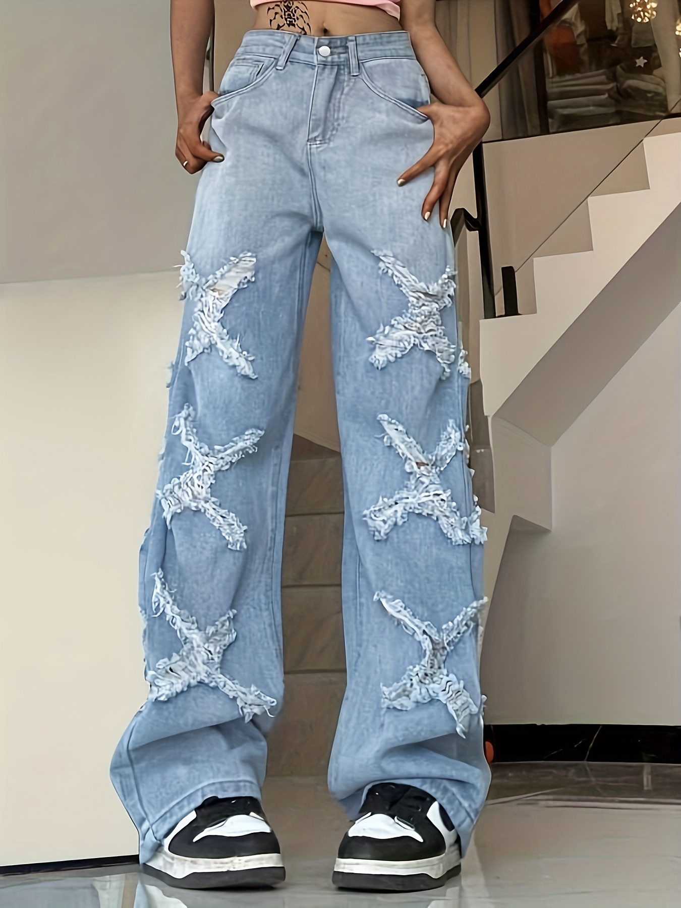 Blue High Waist Straight Jeans, High * Criss Cross Strappy Loose Fit  Versatile Denim Pants, Women's Denim Jeans & Clothing