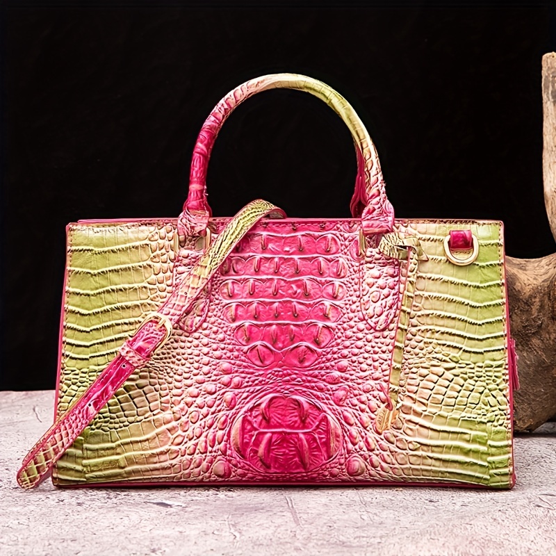 A GRADIENT PINK ALLIGATOR JUMBO DOUBLE FLAP BAG WITH GOLD HARDWARE