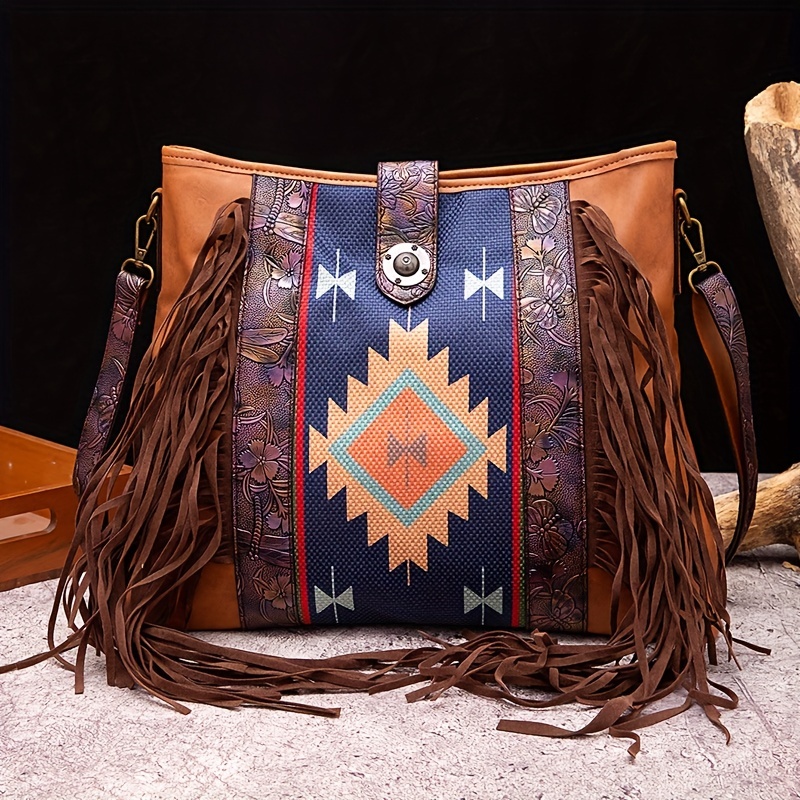 ETHNIC TASSEL PURSE, Native American Fringe Leather Bag, Leopard