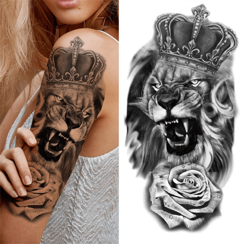Manga de tatuaje temporal de leopardo de león para hombres y mujeres,  tamaño grande, de brazo completo, bosque de lobos, tribales, manga de  tatuajes