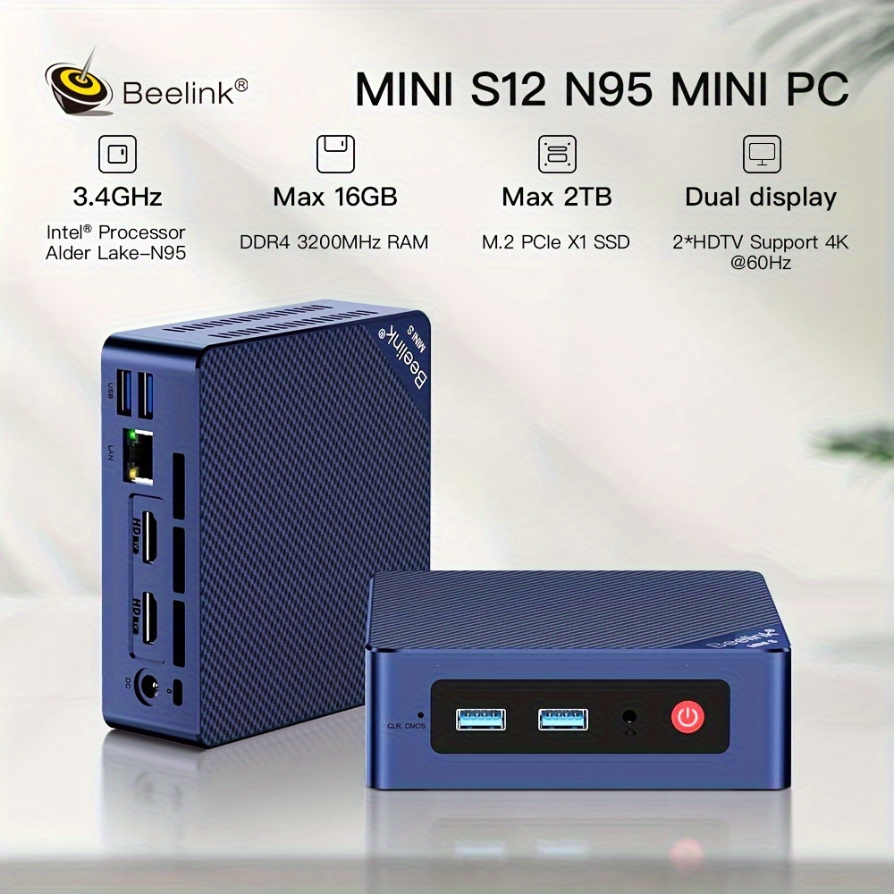 Beelink Mini PC, Mini S12 Pro Intel 12th N100(Up to 3.4GHz), 16GB DDR4 RAM  500GB PCIe SSD, Mini Desktop Computer Support 4K@60Hz Dual HDMI