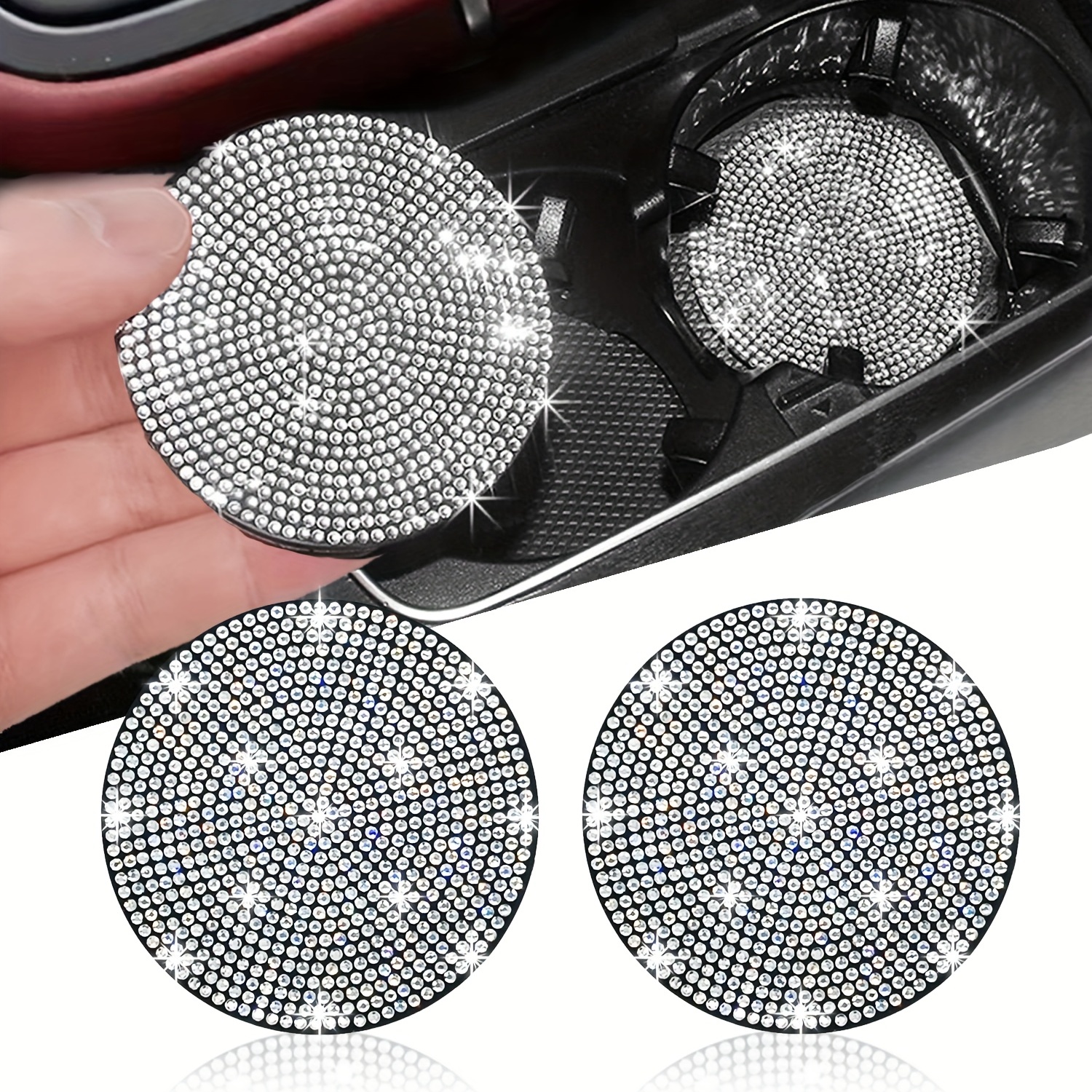 Car Coasters for Cup Holders, Sparkly Car Accessories Cupholder Interior  for Vehicle, Accesorios para Carro - Black with Circle Rhinestone 