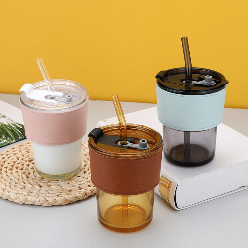 1pc Reusable Boba Cup, Iced Coffee Cup, Glass Cup With Straw And Lid,  Wide-mouth Drinking Jar With Bamboo Lid And Straw For Bubble Tea, Juice,  Japanese Origami Cup - 25 Oz Portable