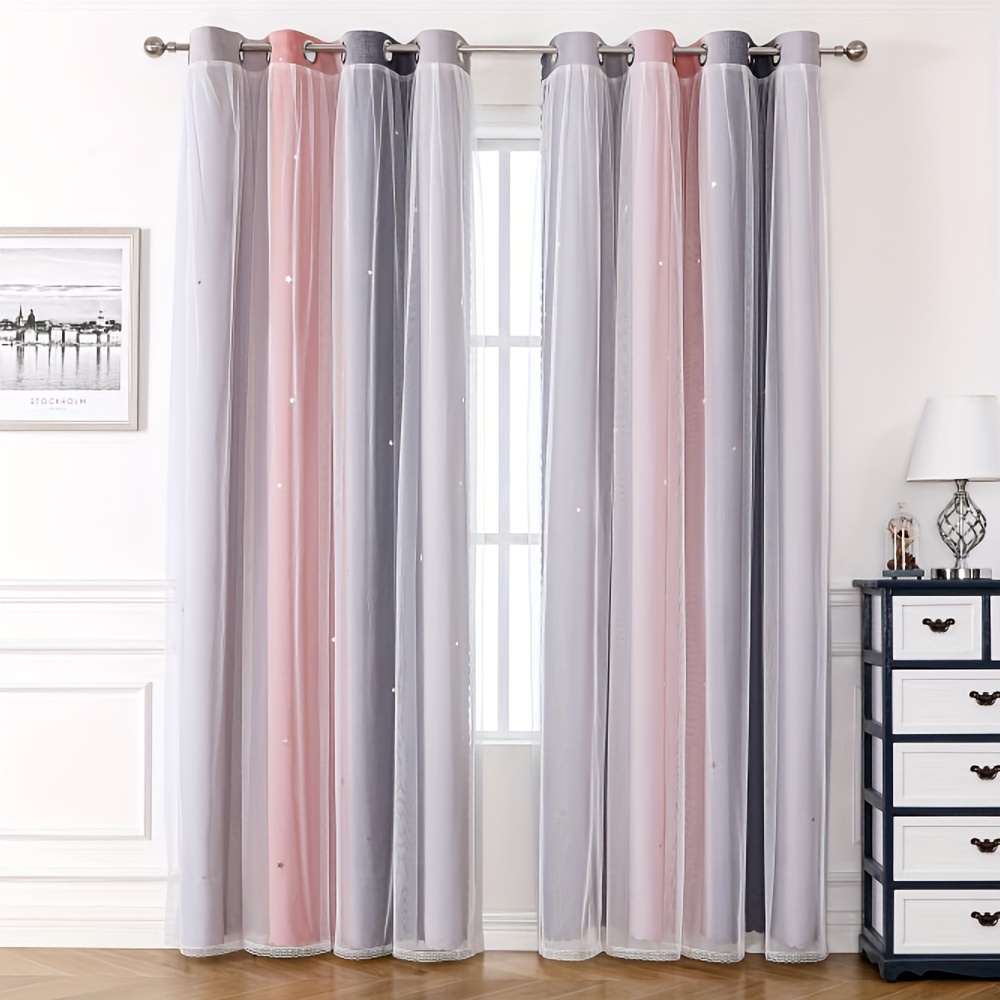 Cortinas opacas de 1 panel con gasa transparente blanca de doble capa,  cortinas mixtas y combinadas, cortinas con ojales para dormitorio, gris