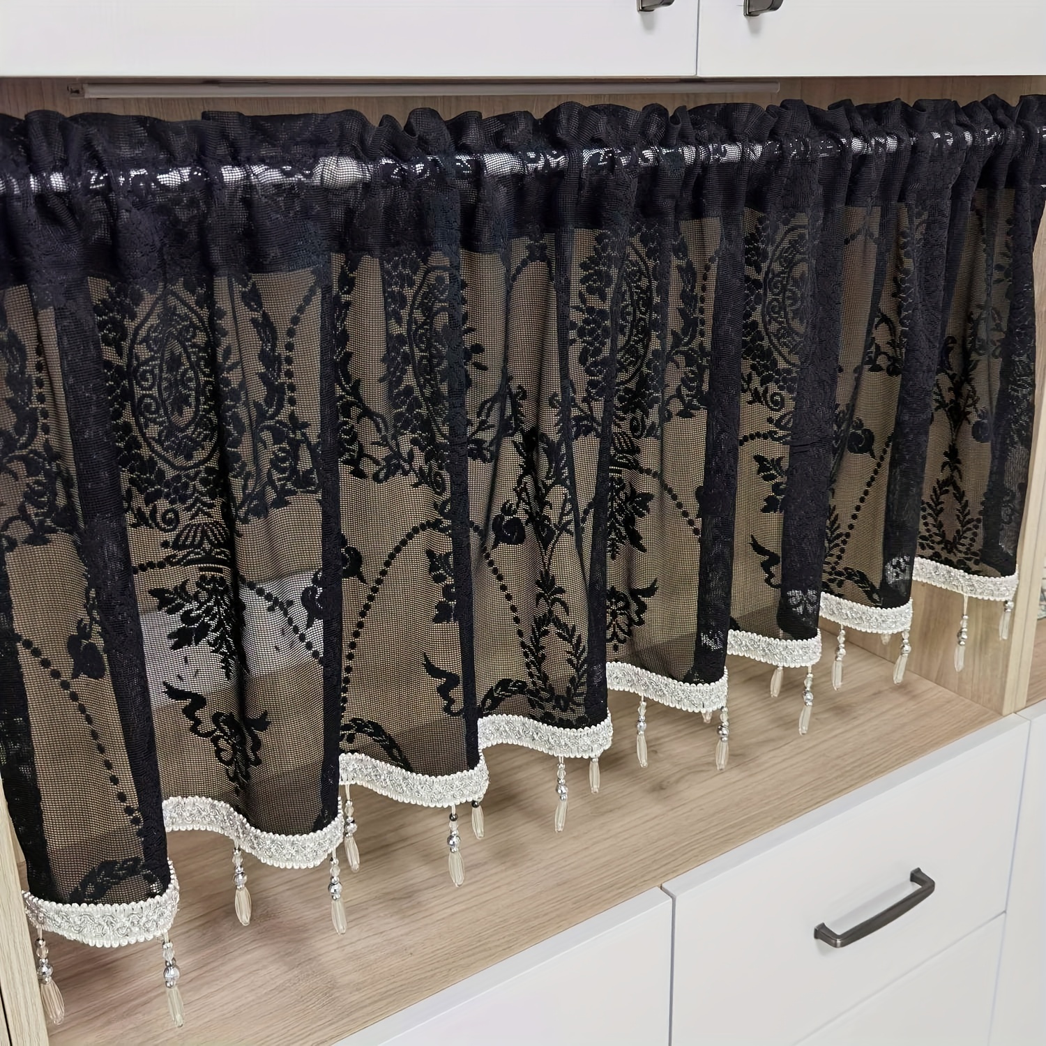 Cortina de café negra (cortina de media ventana) de 30 pulgadas de largo,  cortina de cocina pequeña con bolsillo para barra, cortina opaca corta para