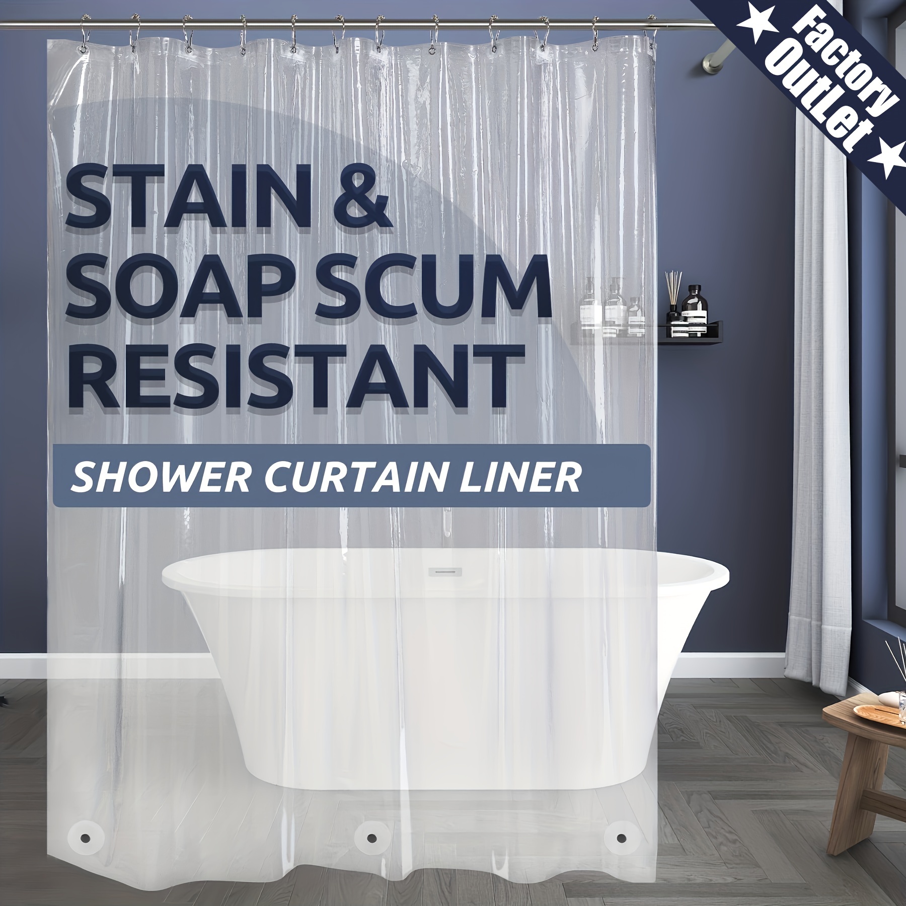 1pc Peva Waterproof Mesh Pocket Shower Curtain With Bath Storage