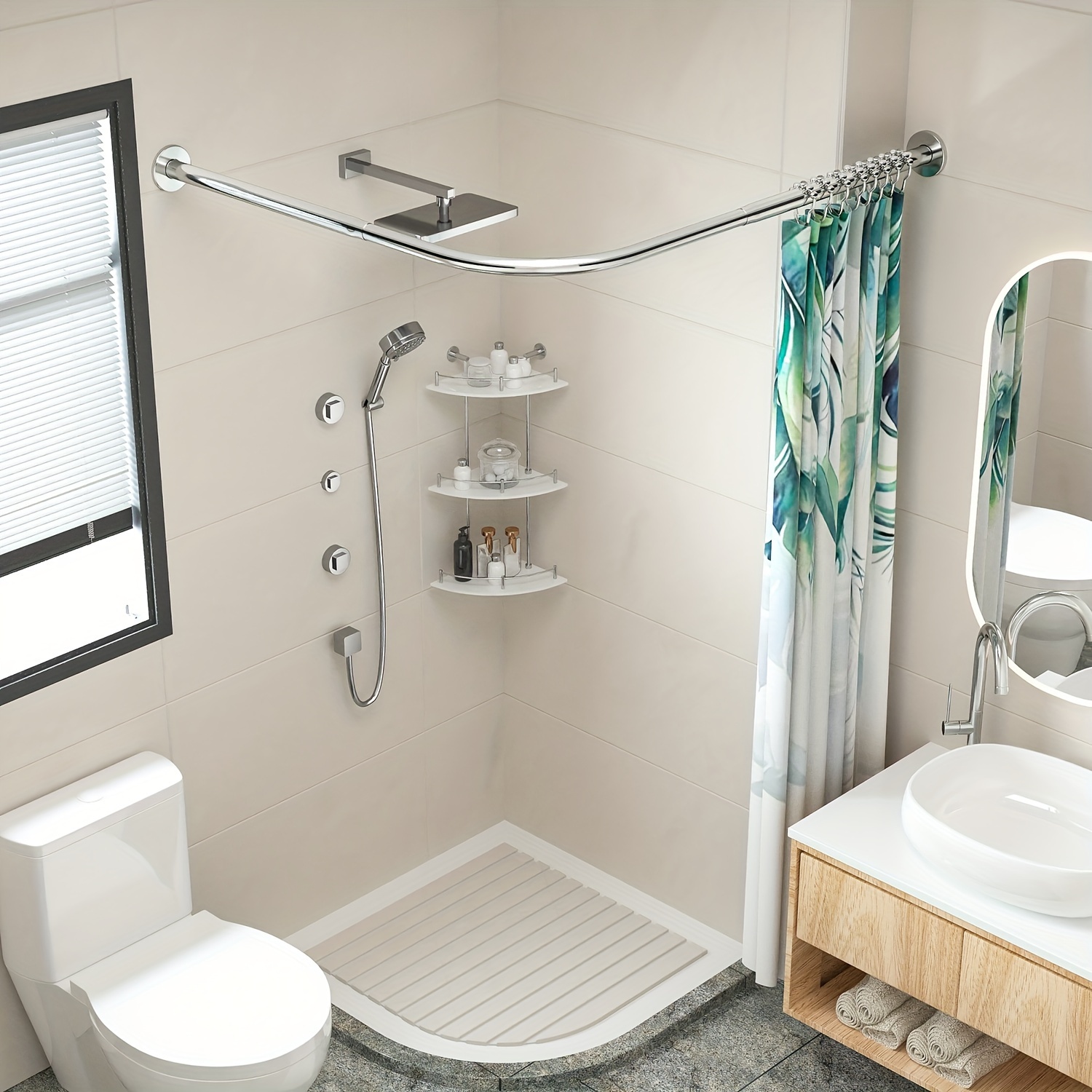 Barra de cortina de ducha curvada en forma de L, sin perforaciones, para  baño, bañera, esquina, barra ajustable, extensible de acero inoxidable