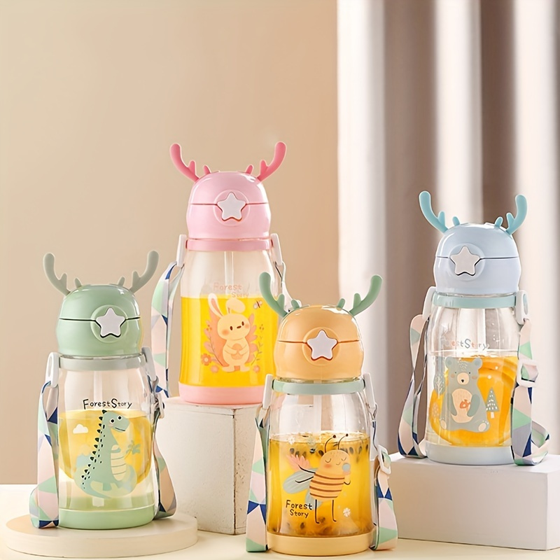 1pc Strap Water Bottle Children Cute Cartoon Crown Straw Cup - Temu