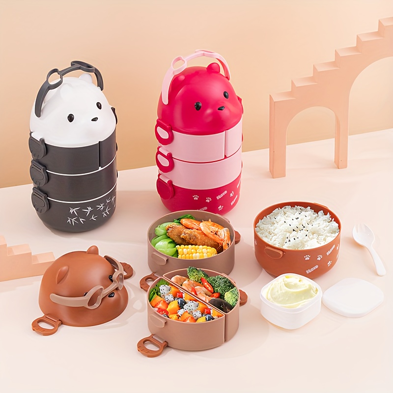 1set 800ml Three Compartment Plastic Lunch Box With Bag And Utensils, Cute  Bear Pattern Leak-proof Portable Bento Box, Microwave-safe Food Container  For Adults Office