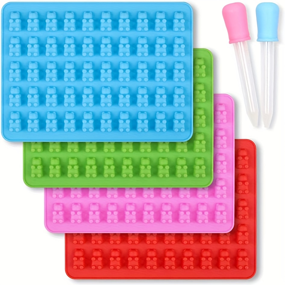 Gummy Bear & Worm Silicone Candy Molds, 4 Pack Set - Nonstick Trays with 2  Droppers for Chocolate, Ice Cubes, BPA-Free -Makes up to 62 Candies -Summer