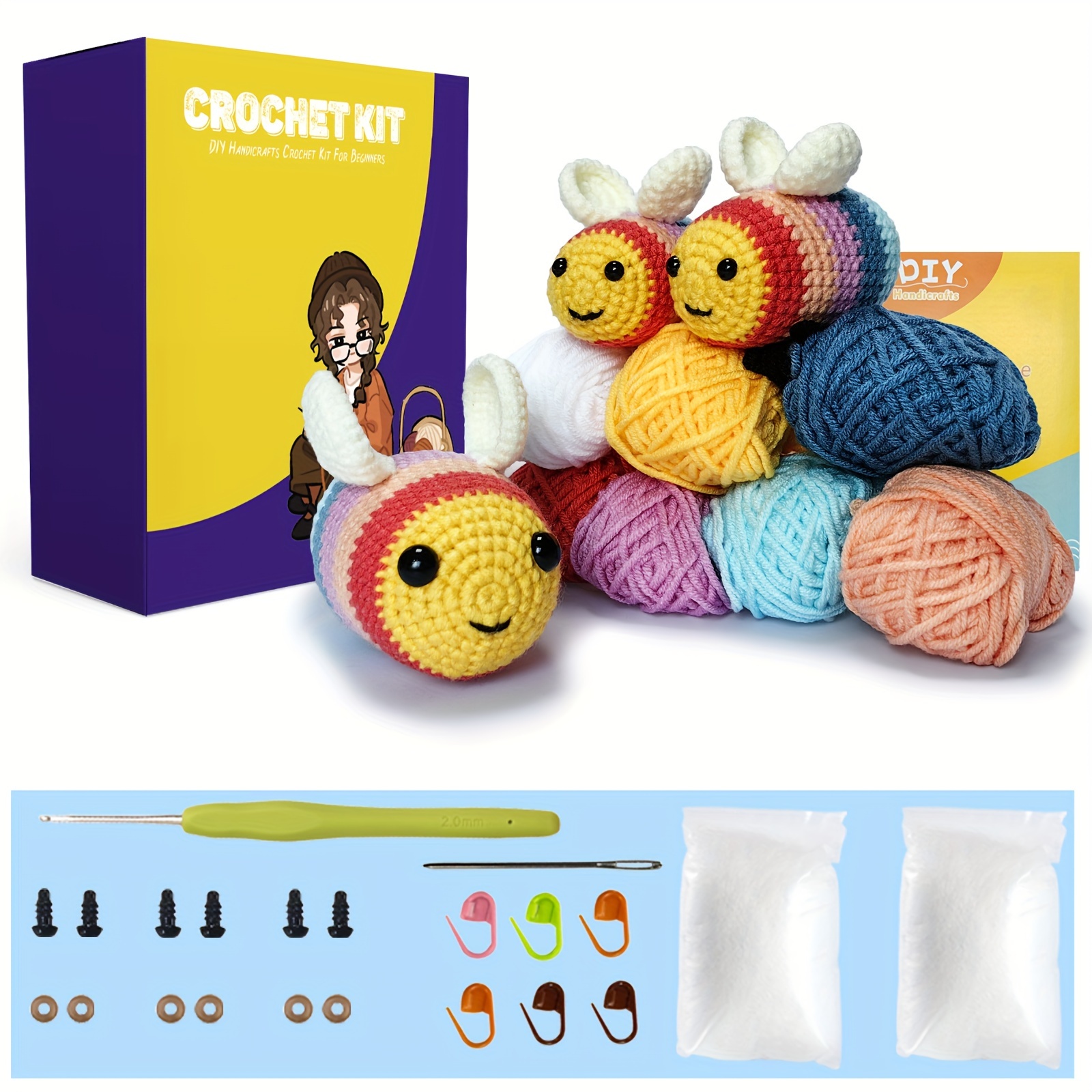 8Pc Crochet Kit Complete Crochet Knitting Kit Cute Animal Crochet Starter  Pack with Yarn Stuffing Keychain DIY Crochet Craft Kit