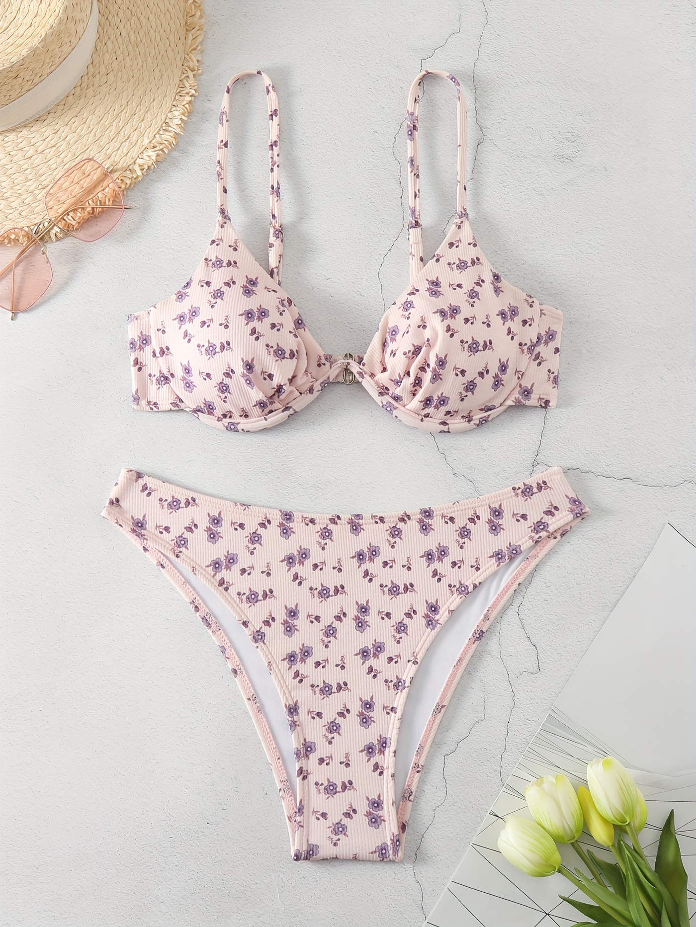 Sweet 3D Flower String Cheeky Rib Triangle Bikini Two Piece Swimsuit – Rose  Swimsuits
