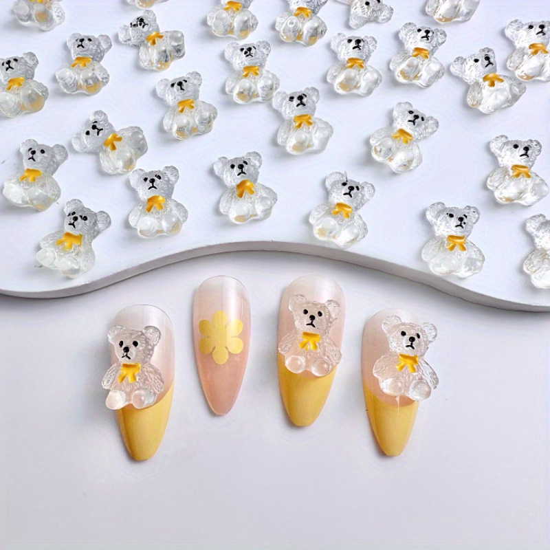 Cute 3d Clear Brown Bear Nail Charms With Black Bow Design - Temu