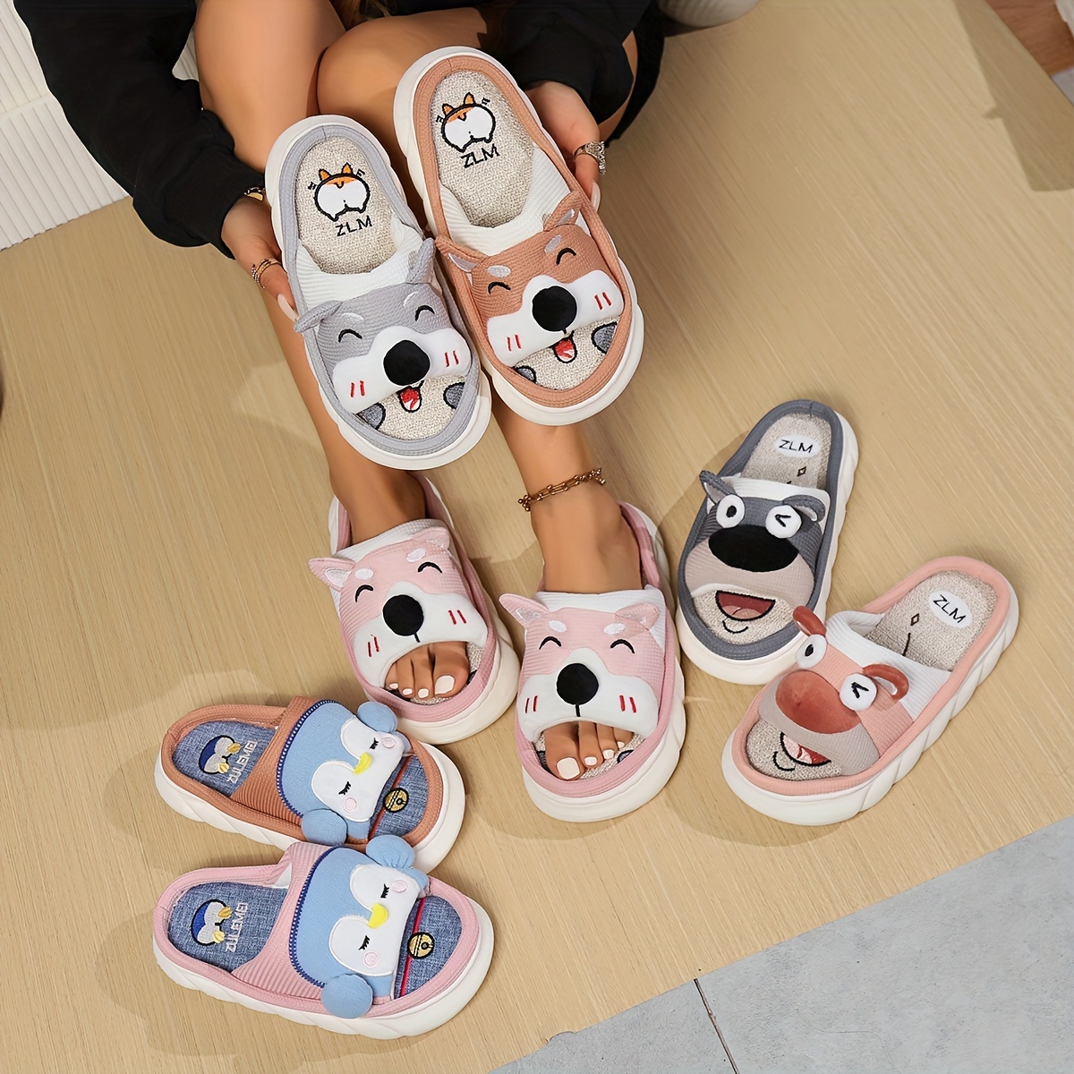 Funny Cartoon Dog Decor Slippers Casual Solid Color Plush - Temu