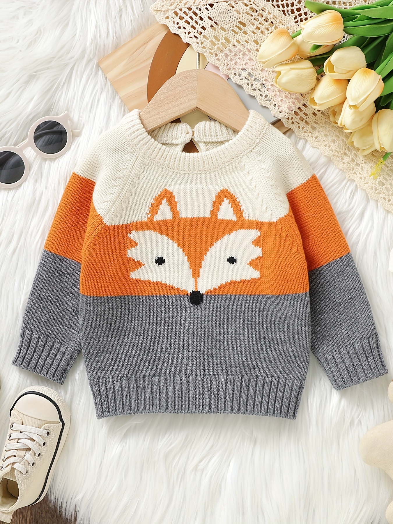 Cartoon fox embroidery discount tassels sweater pullove