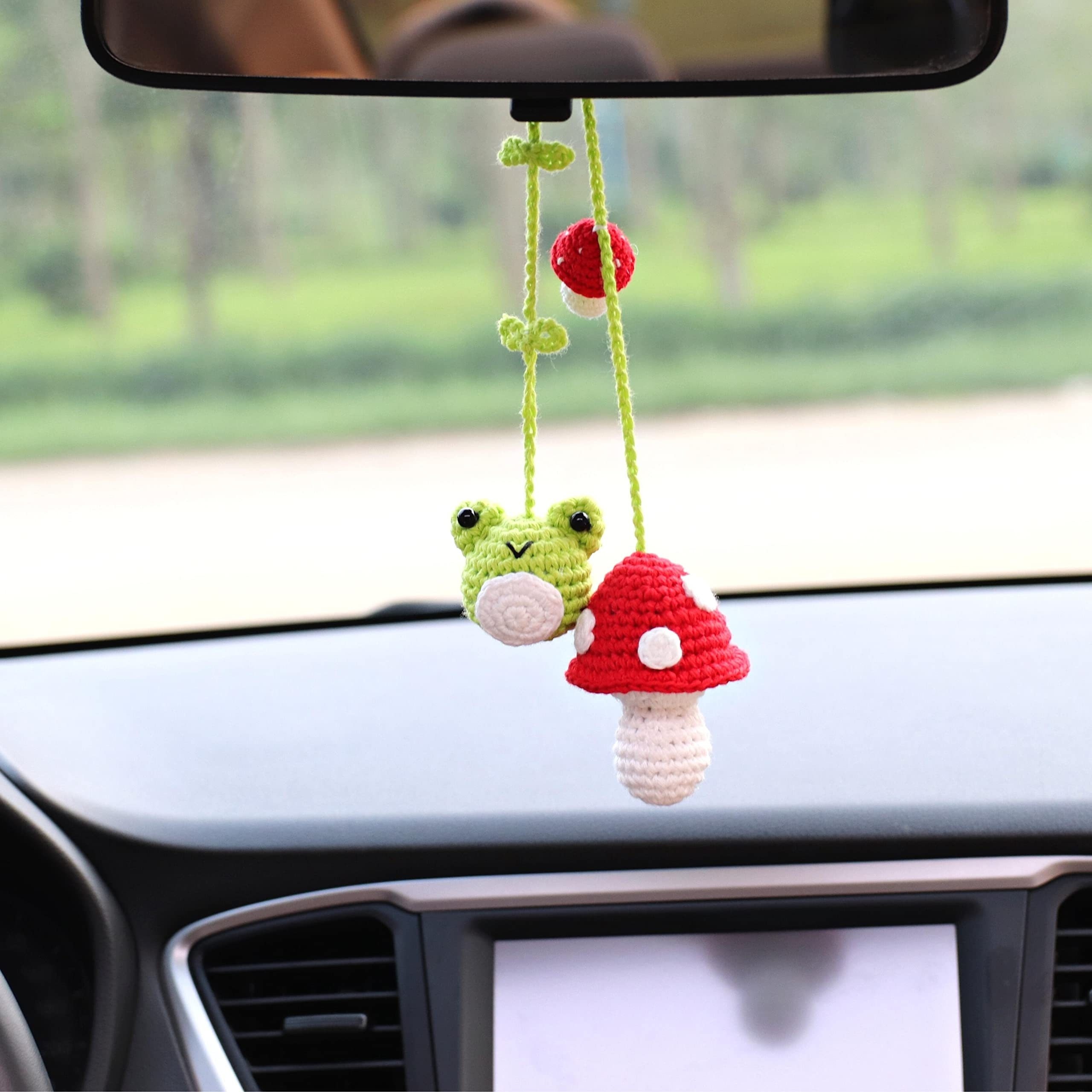 Cute Car Decoration,Car Mirror Hanging Accessories,Boho Car Accessories for  Women,Bellflower Hand Knitted Car Pendant，Car Charm，Suitable for