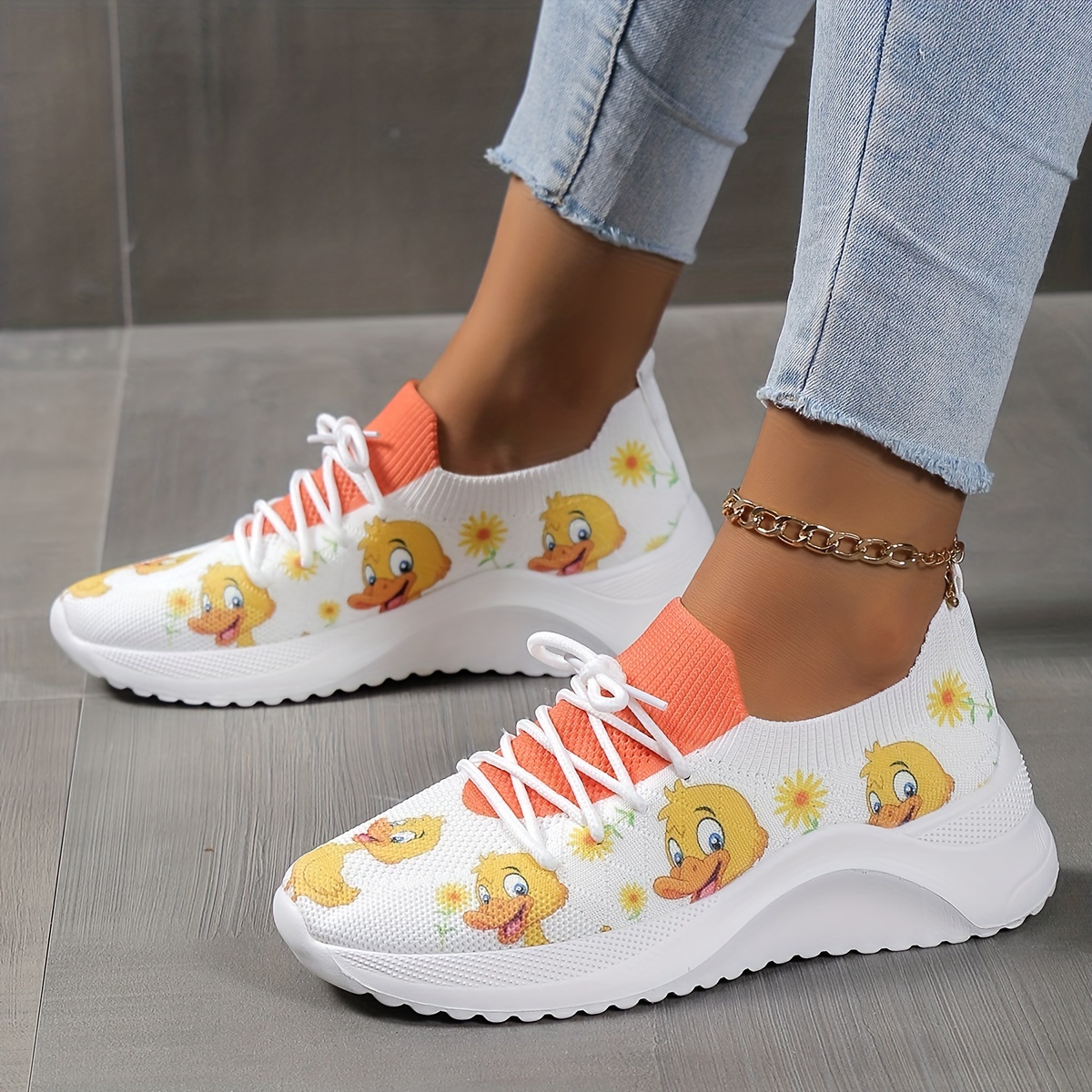 Women's Cartoon Print Knitted Sneakers, Slip On Shock Absorption