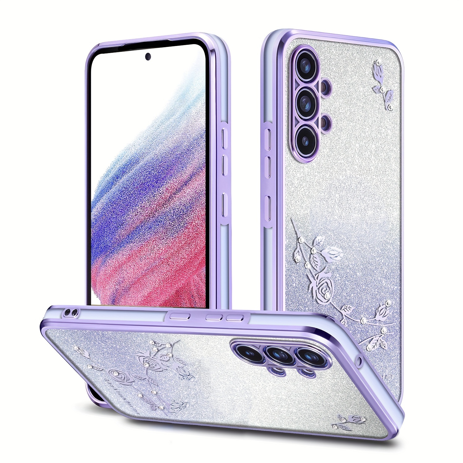 Carcasa para Samsung Galaxy S23 Ultra Flowers con diseño floral de cristal  brillante, anillo con incrustaciones de diamante, chapado en purpurina para