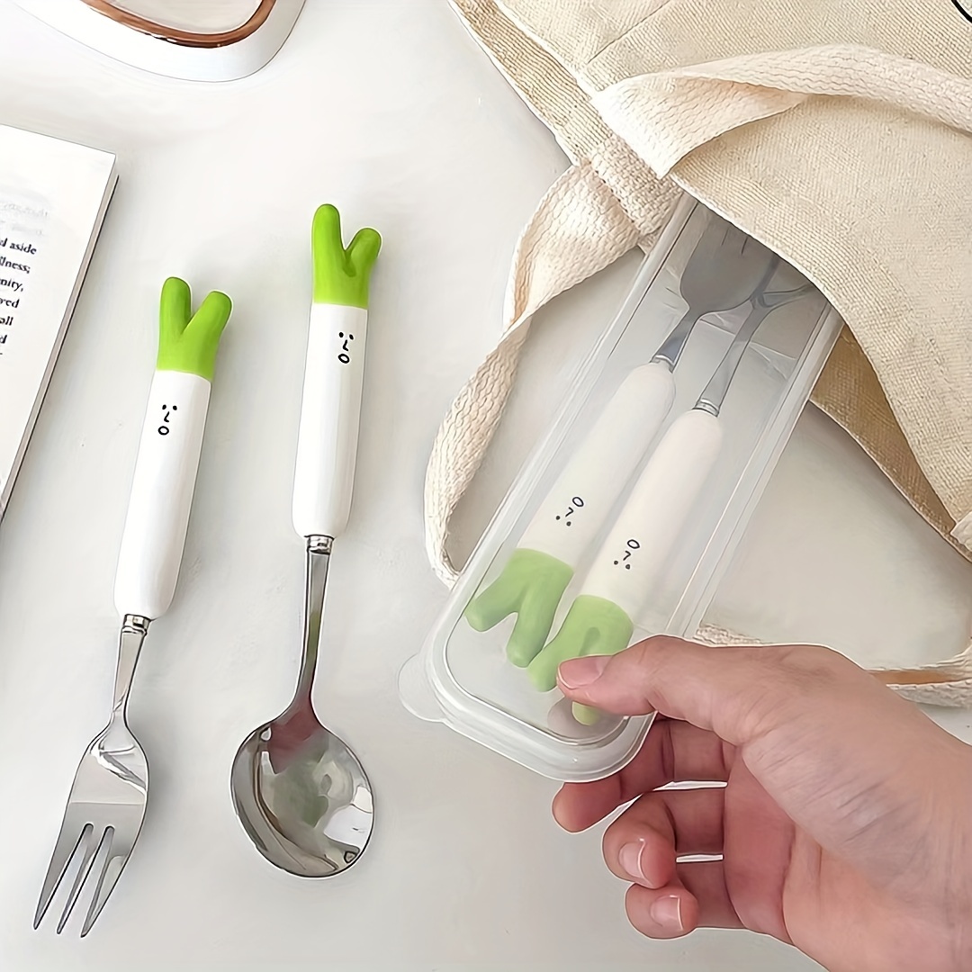 2pcs Stainless Steel Fork And Spoon Portable Tableware Set, Cute Green  Onion Spoon And Fork Set, Kitchen Utensils, Tableware