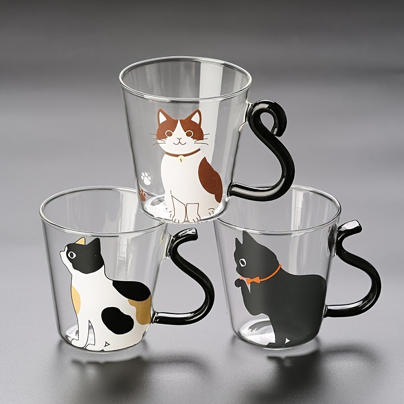 Cute Cat Mug Glass Mug with Spoon and Wood Lid Cute Design  Fine Clear Glass Cups Perfect For Coffee, Tea and Beverage: Coffee Cups &  Mugs