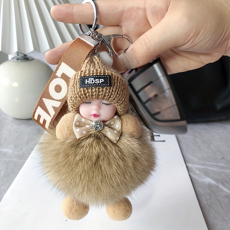 LOVE Webbing Cute Sleeping Baby Doll Keychain Pom Pom Rabbit Fur