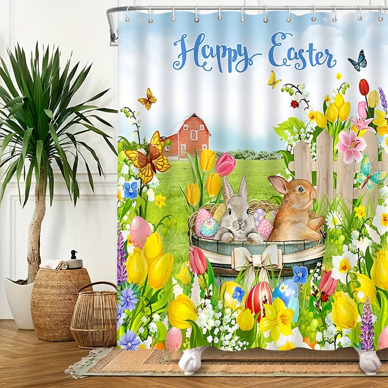  LB Cortina de ducha de primavera y Pascua, bonito gnomo con  huevos de Pascua, margarita, flores, hierba verde, cortinas de ducha para  baño, cortinas de tela impermeables duraderas con ganchos, 72