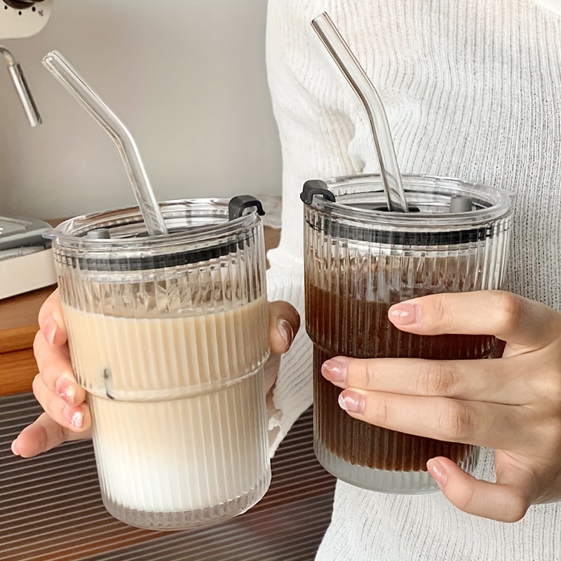 1pc Simple Glass Coffee Mug With Lid, Straw, Portable For Women And Office,  Suitable For Drinking Iced Americano And Latte. Trendy Ins Style.