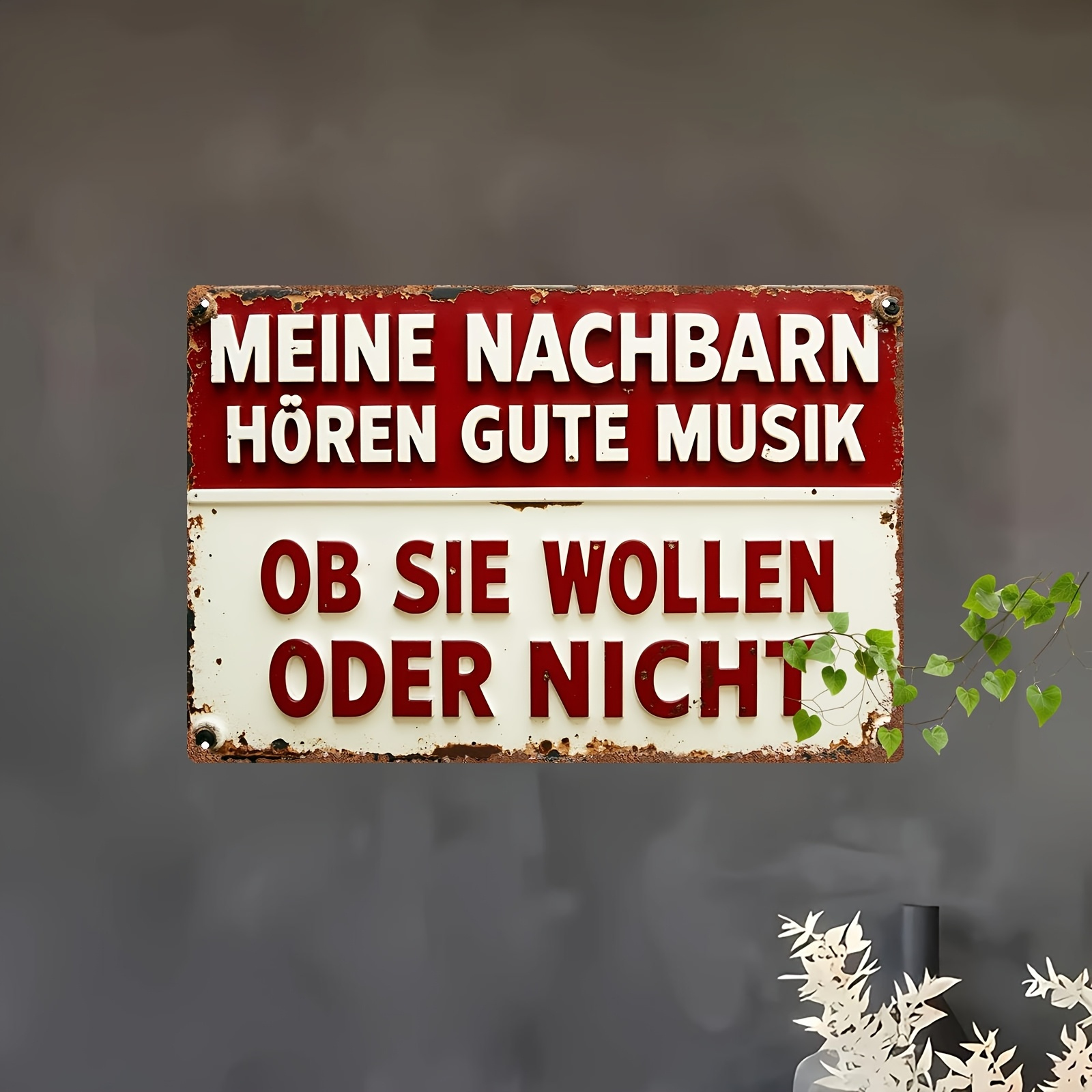 Image of 2d Flat, 1pc Vintage German Humorous Neighbor Quote Metal Wall Art Sign - Nice , I'm Playing Poorly - Red & Beige Retro Decoration - 8x12 Inch (20x30cm) Kitchen, Living Room, Office
