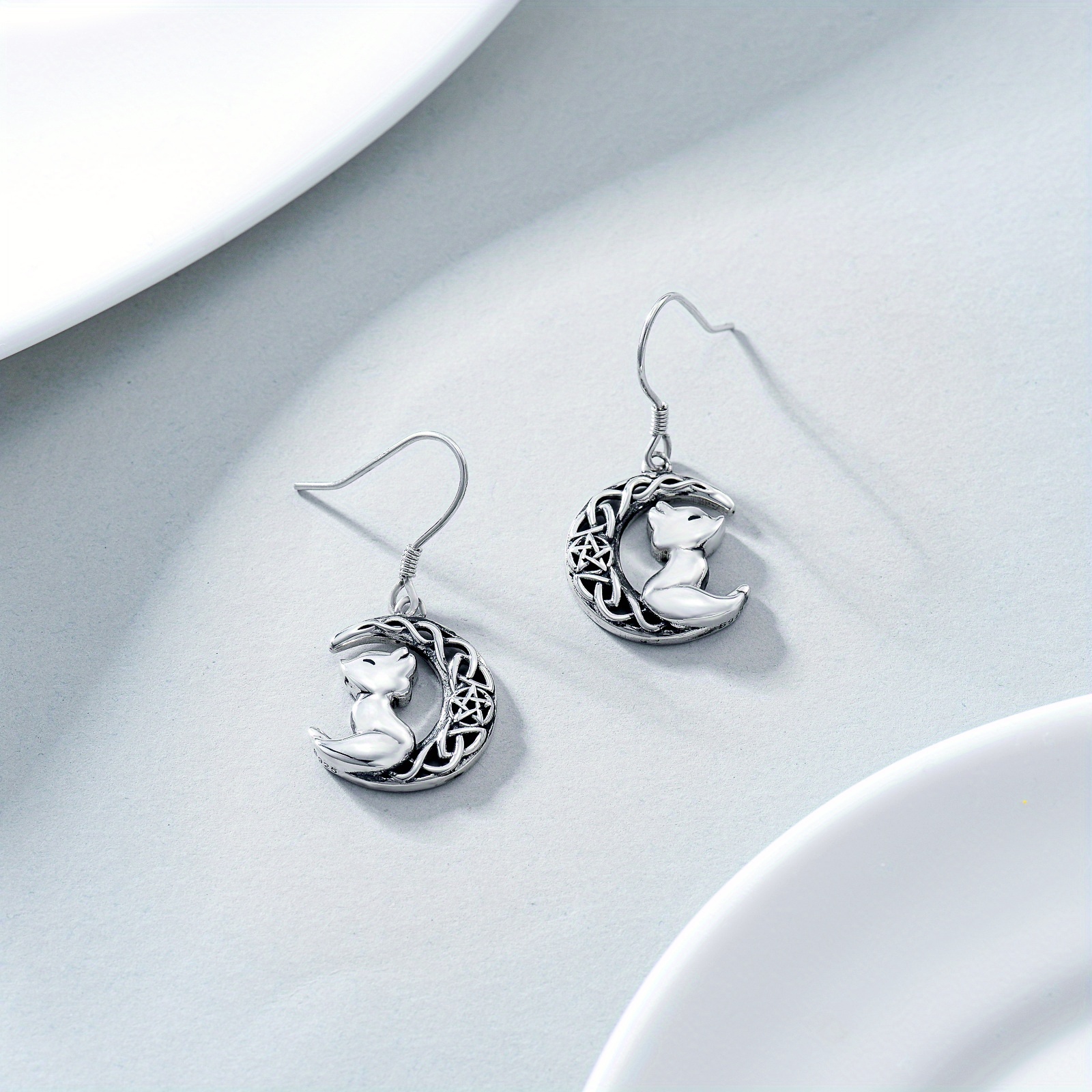 moon fox earrings 925 sterling silver celtic fox dangle earrings cute animal earrings gift for women Product details 0