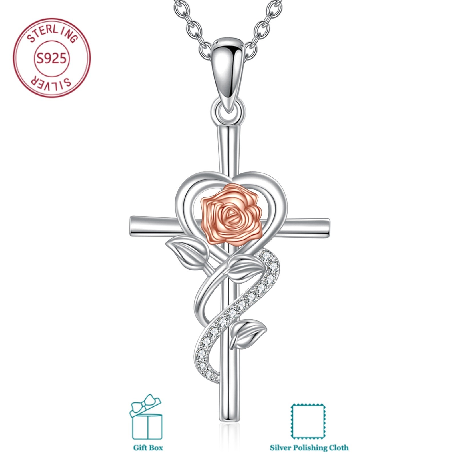 Image of 925 Sterling Silvery Cross Rose Flower Necklace With Synthetic Zirconia, Faith & , Perfect For Valentine's Day & Daily Wear, Women's Skin-friendly