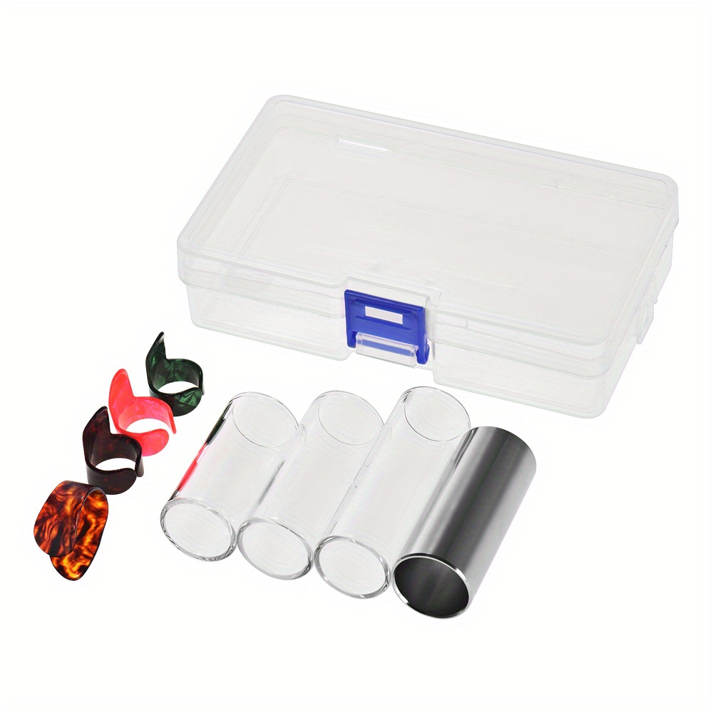 

Guitar Slides Set Includes 3 Glass Slides (5.1cm/ 6cm/ 7cm) + 1 Stainless Steel Slide (6cm) + 4pcs Celluloid Thumb & Finger Picks (random Color Delivery) With Plastic Storage Box #sportstarr