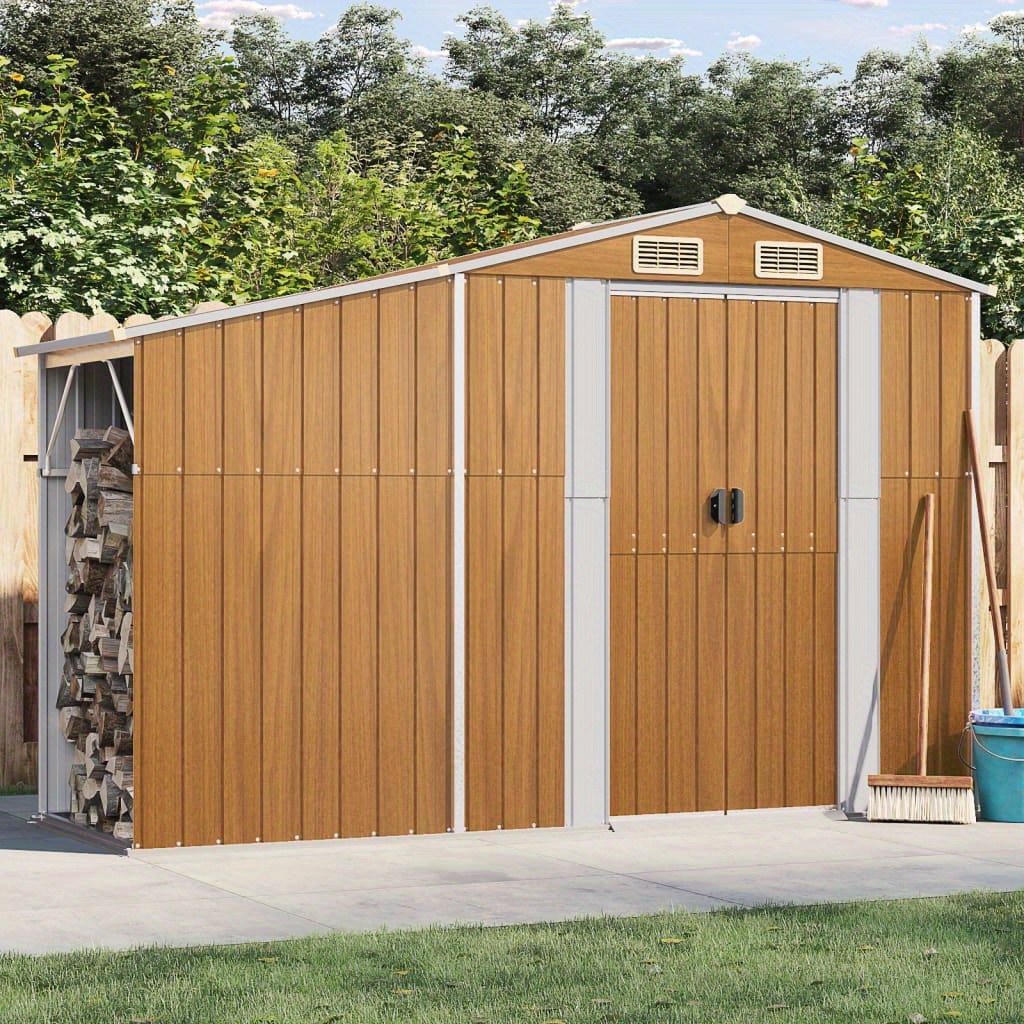 Image of Heavy-duty Brown Metal Outdoor Storage Shed With Wooden Door And Ventilated Roof - Galvanized Steel Garden Tool And Firewood Shelter, Bike-friendly, 277x93x179cm