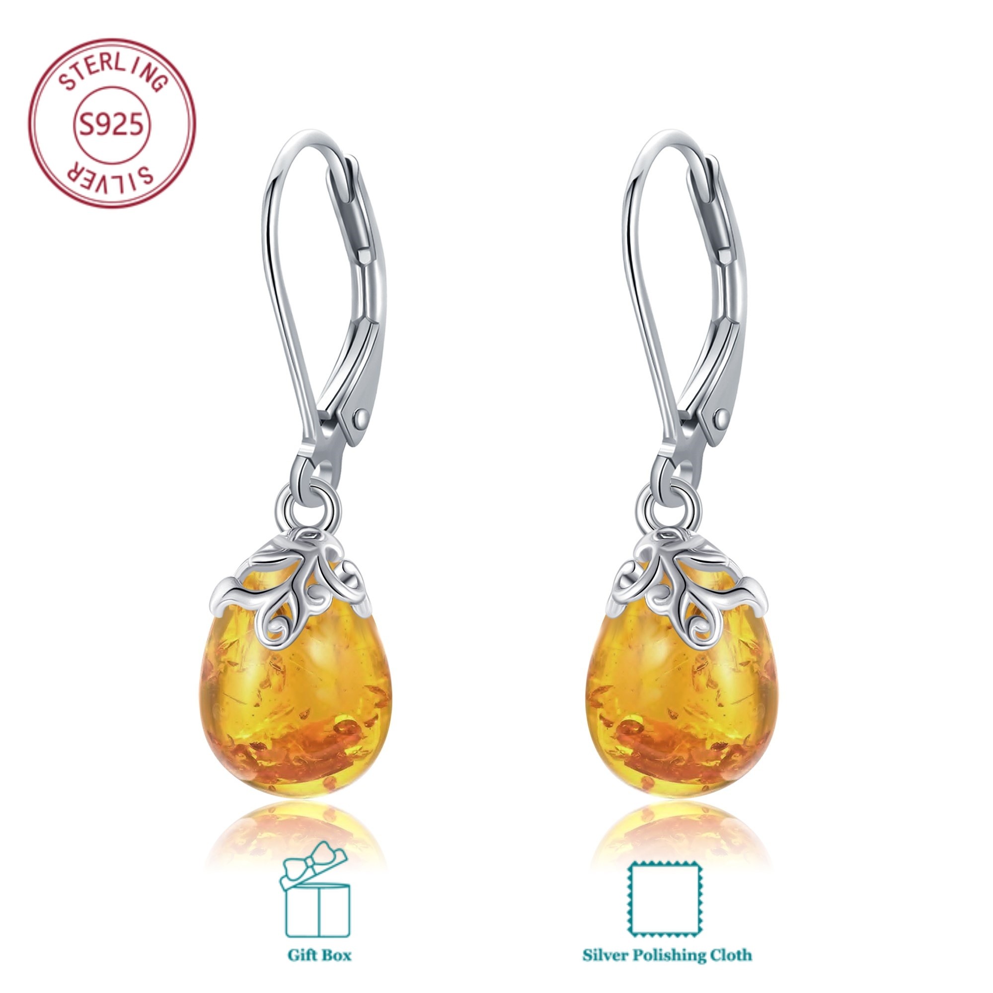Image of 925 Sterling Silvery Amber Earringsfor Casual Attire By Men And Women Birthday Gifts Valentine's Day Presents Meaningful Presents For