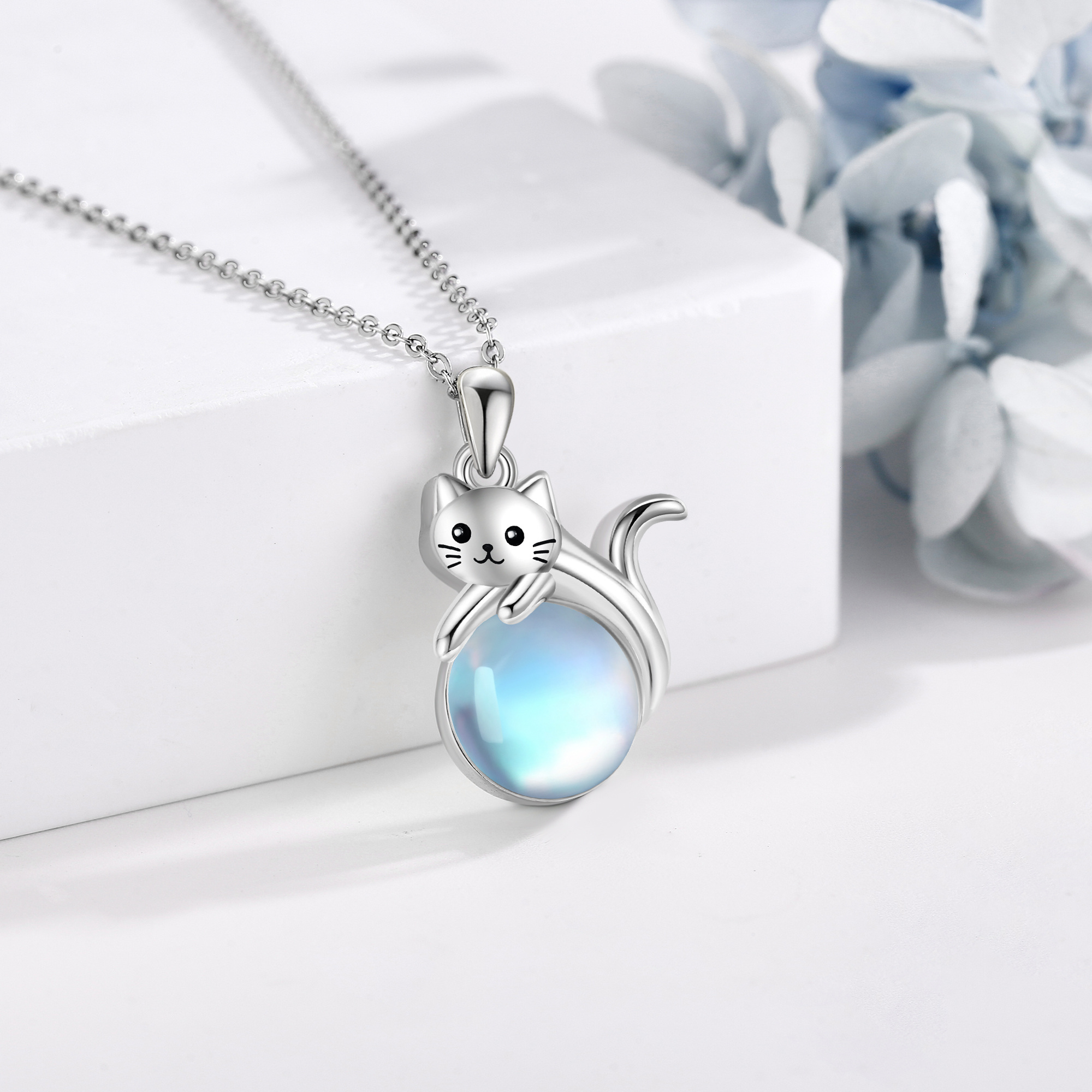 Sterling Silver Cat Necklace with Moonstone Pendant