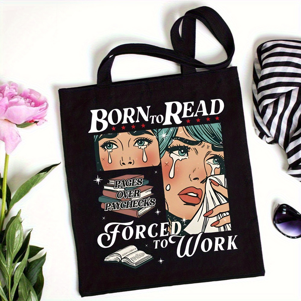 TEMU Forced To Work" Pop Art Canvas Tote Bag - Stylish Black Shoulder Bag For Book Lovers & Readers, Durable Machine Washable Fabric, Perfect For Casual , Book Tote Bag