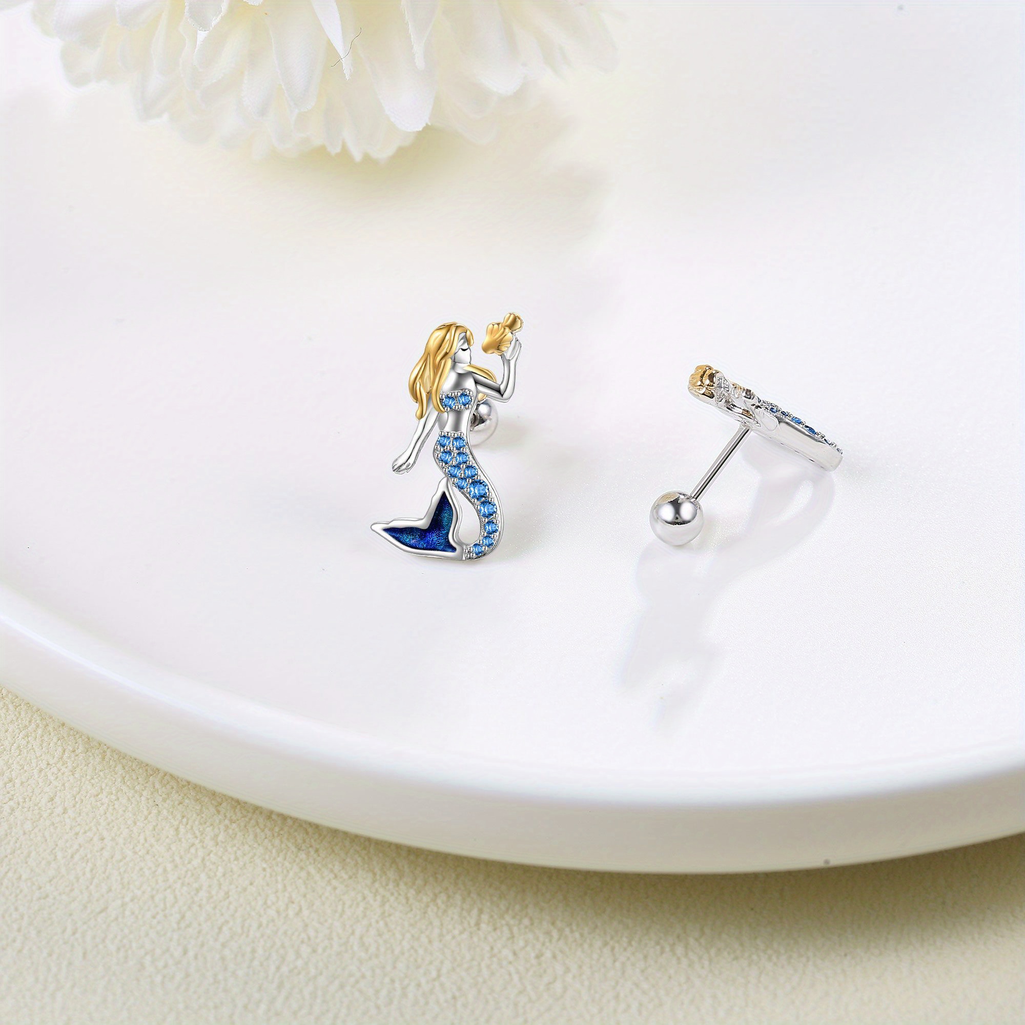 Women's 925 Sterling Silver Mermaid Stud Earrings, Ocean-Inspired