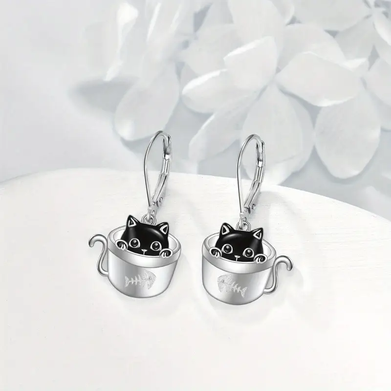womens cat earrings 925 sterling silvery cup black cat dangle earrings cute animal earrings womens jewelry Product details 2