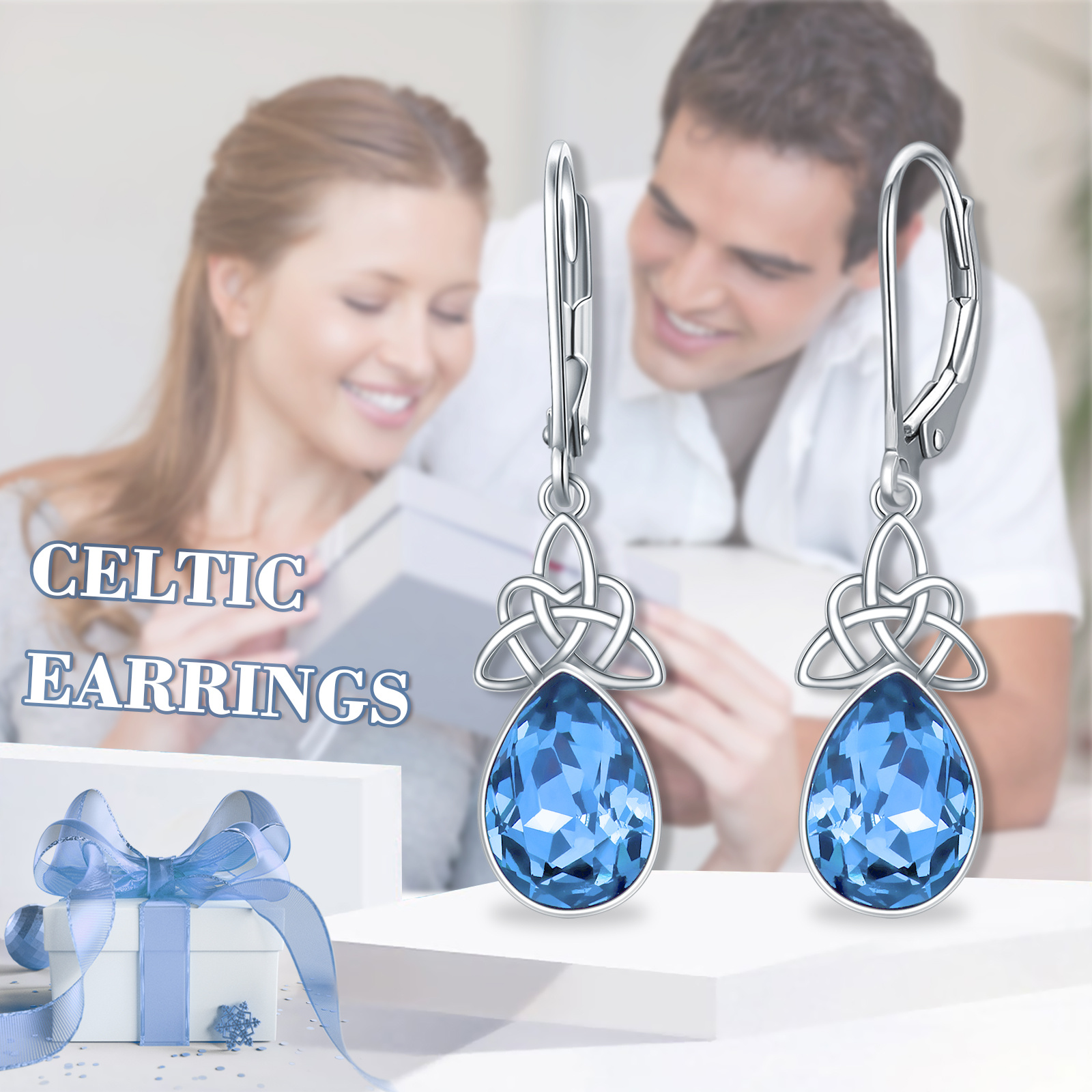 Women's 925 Sterling Silver Celtic Knot Teardrop Earrings with Synthetic Crystal