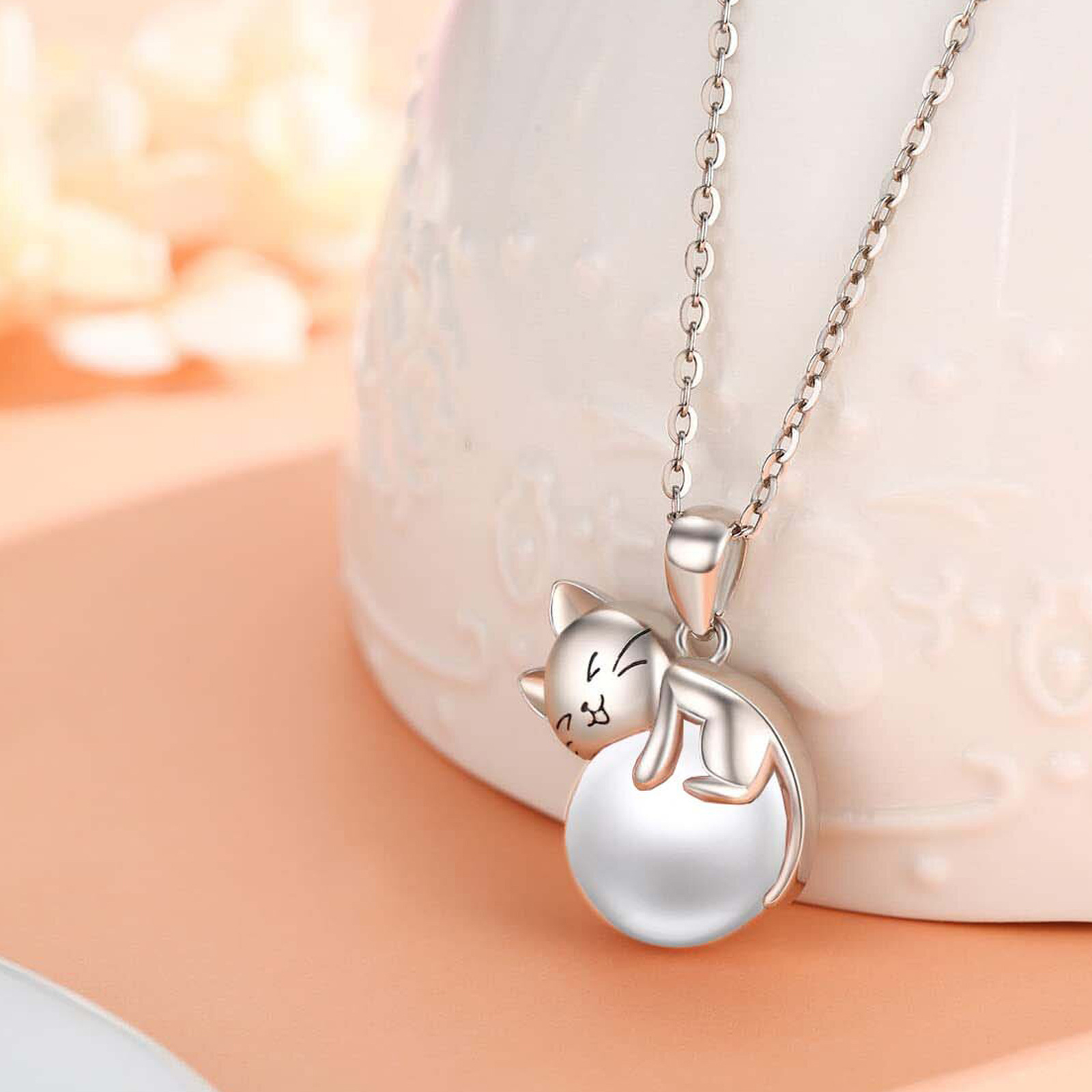Women's Cat Pendant Necklace, 925 Sterling Silver, Gift for Her