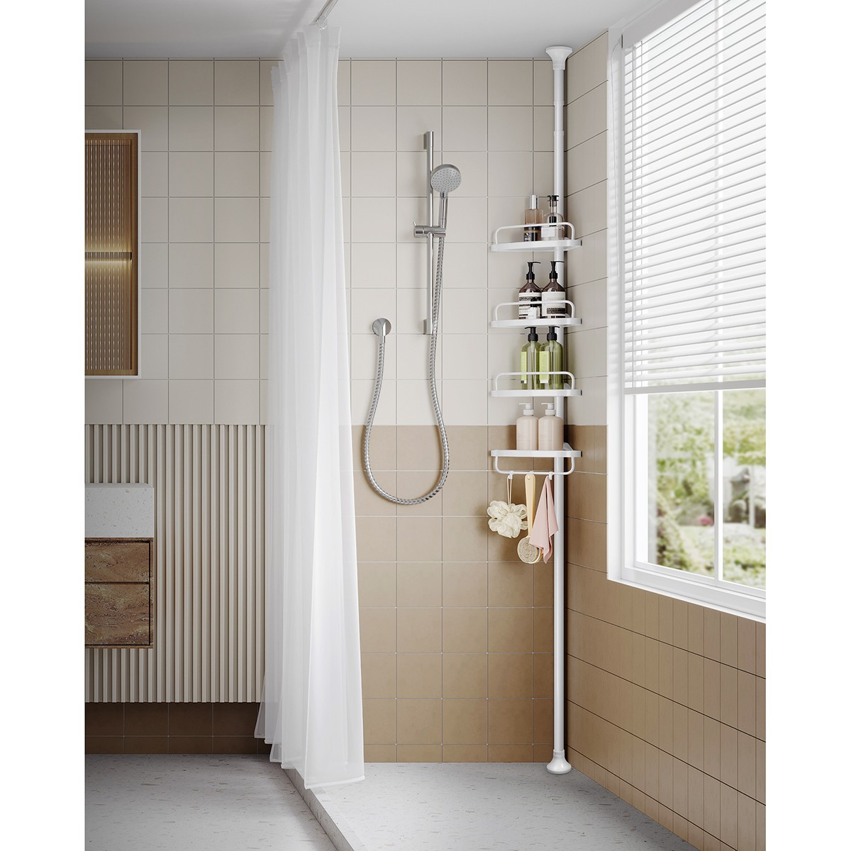 TEMU SONGMICS Mensola Angolare per Doccia, Scaffale a 4 Ripiani per Bagno, Caddy Doccia Regolabili da 85-305 cm, Organizer per Bagno