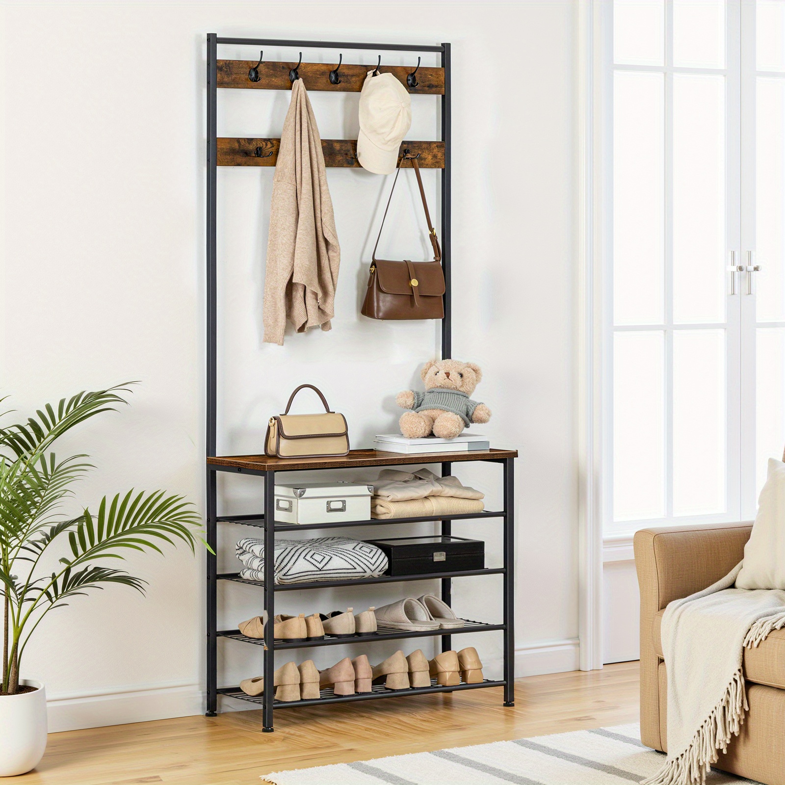 Rustic Brown & Black Free-Standing Coat Rack with 9 Hooks