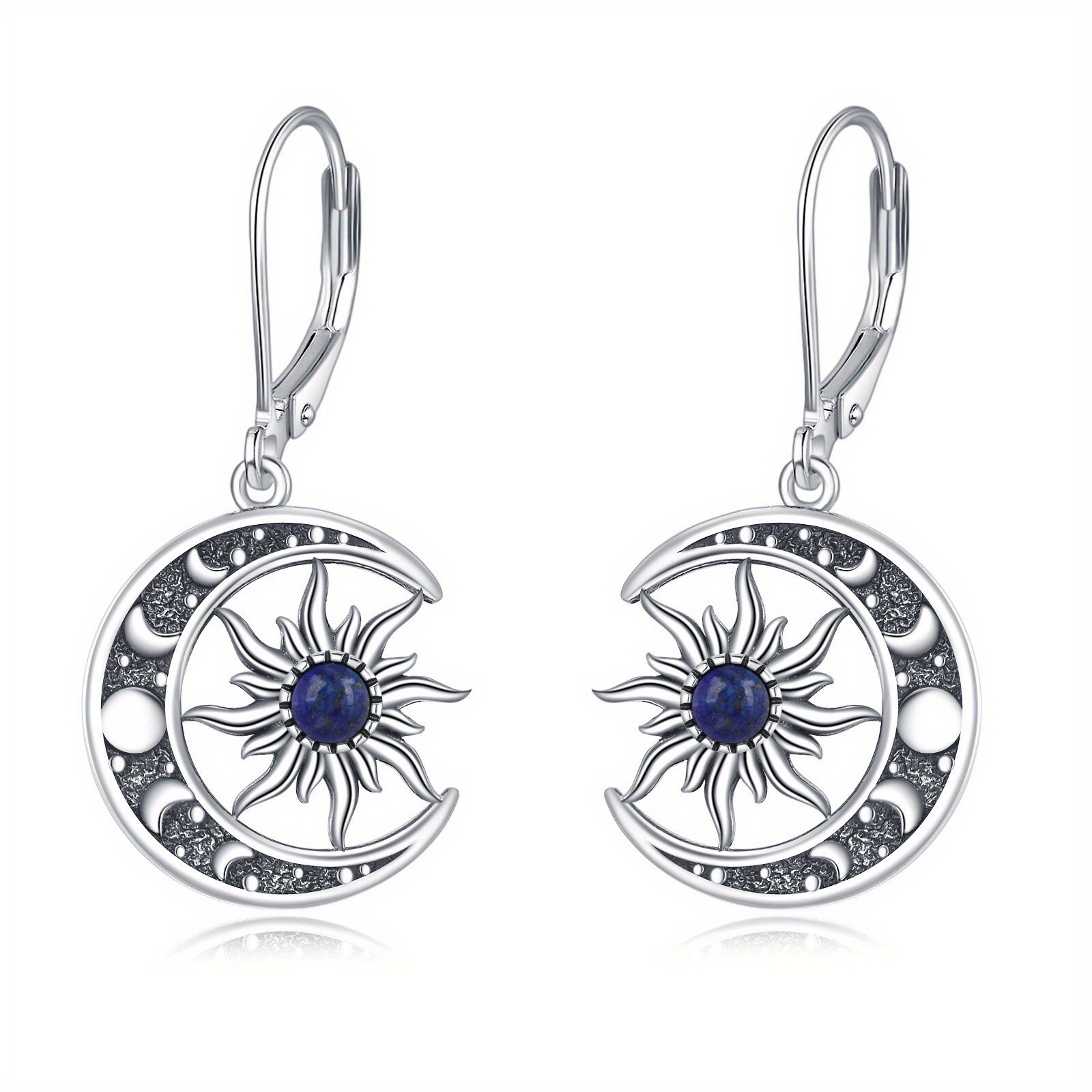 Women's 925 Sterling Silver Sun & Moon Dangle Earrings with Lapis Lazuli