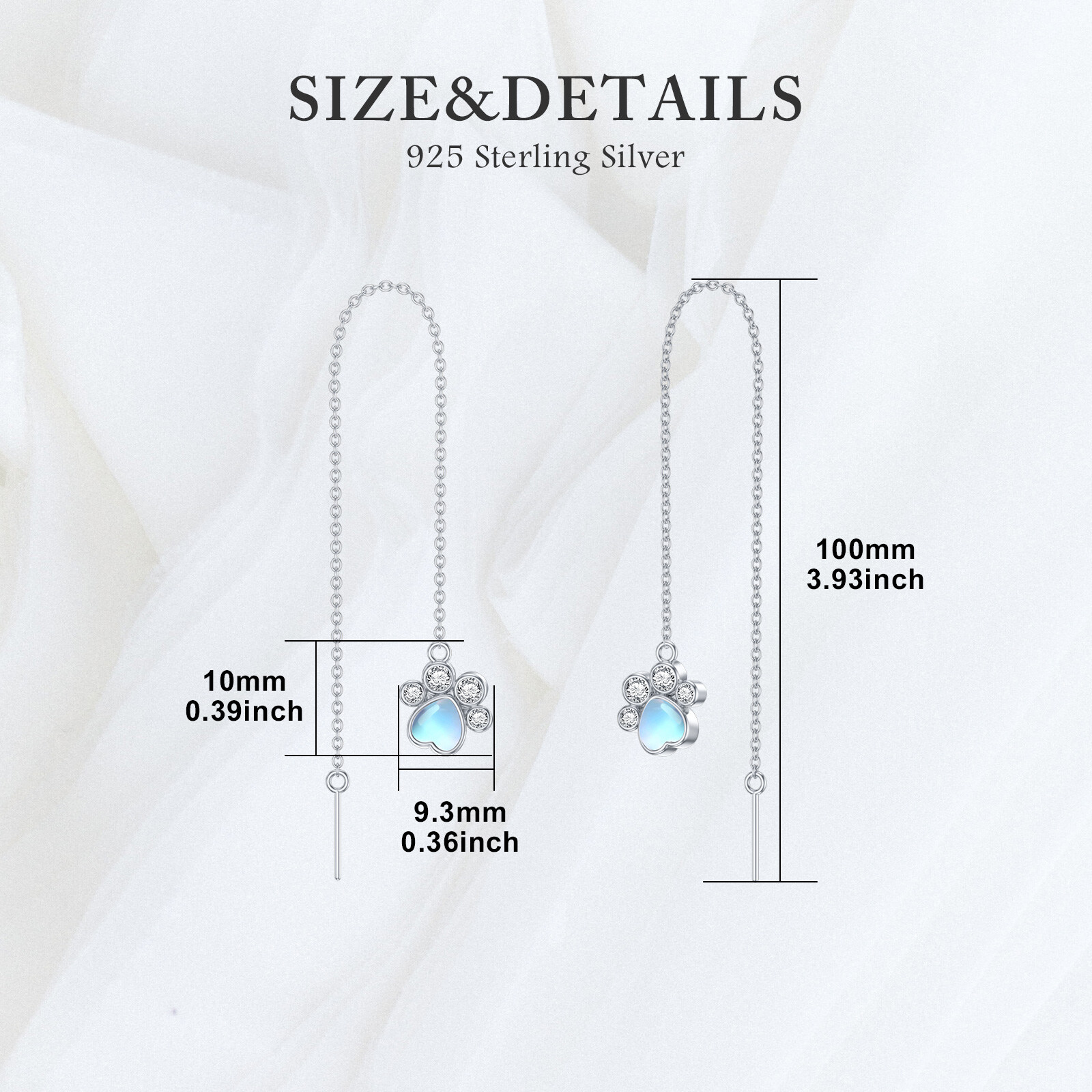 925 Sterling Silver Moonstone Paws Threader Earrings, Gift for Her