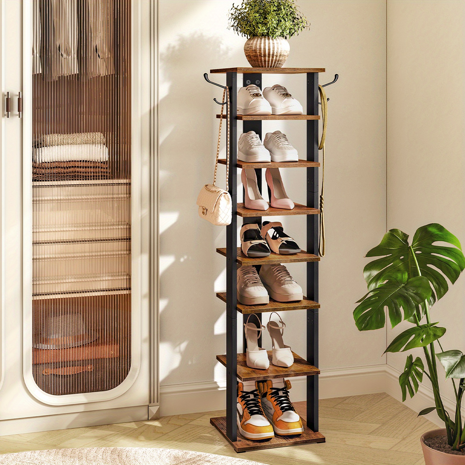 7-Layer Shoe Organizer, Wooden Shoe Storage Rack