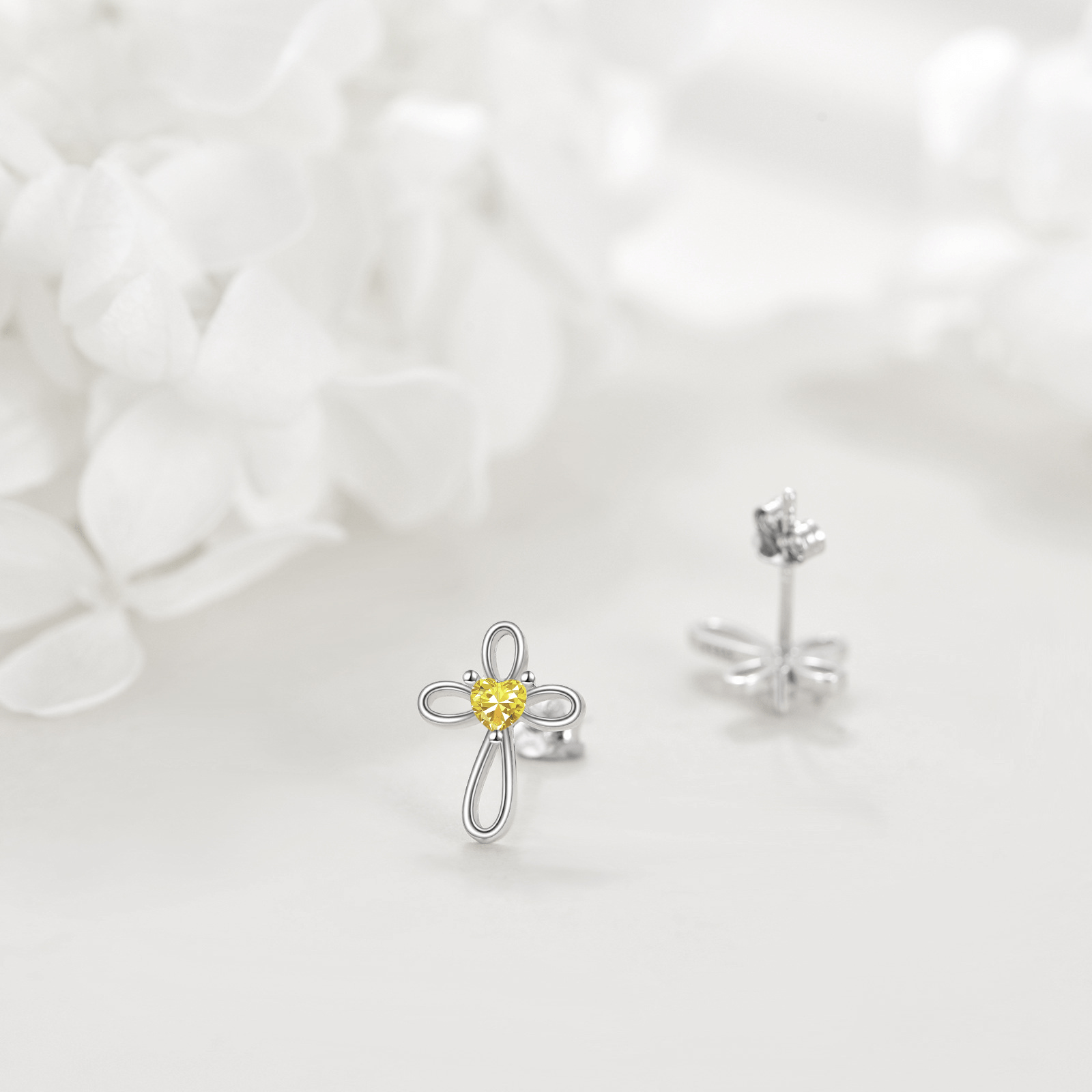 Women's 925 Sterling Silver Citrine Heart Cross Stud Earrings, Gift