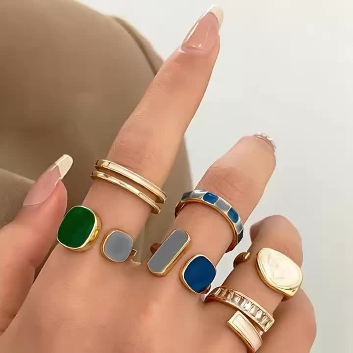6 قطع خواتم هندسية ملونة عصرية بتصميم فنتج مرصعة بالزركونيا - ذهبي - Image 10