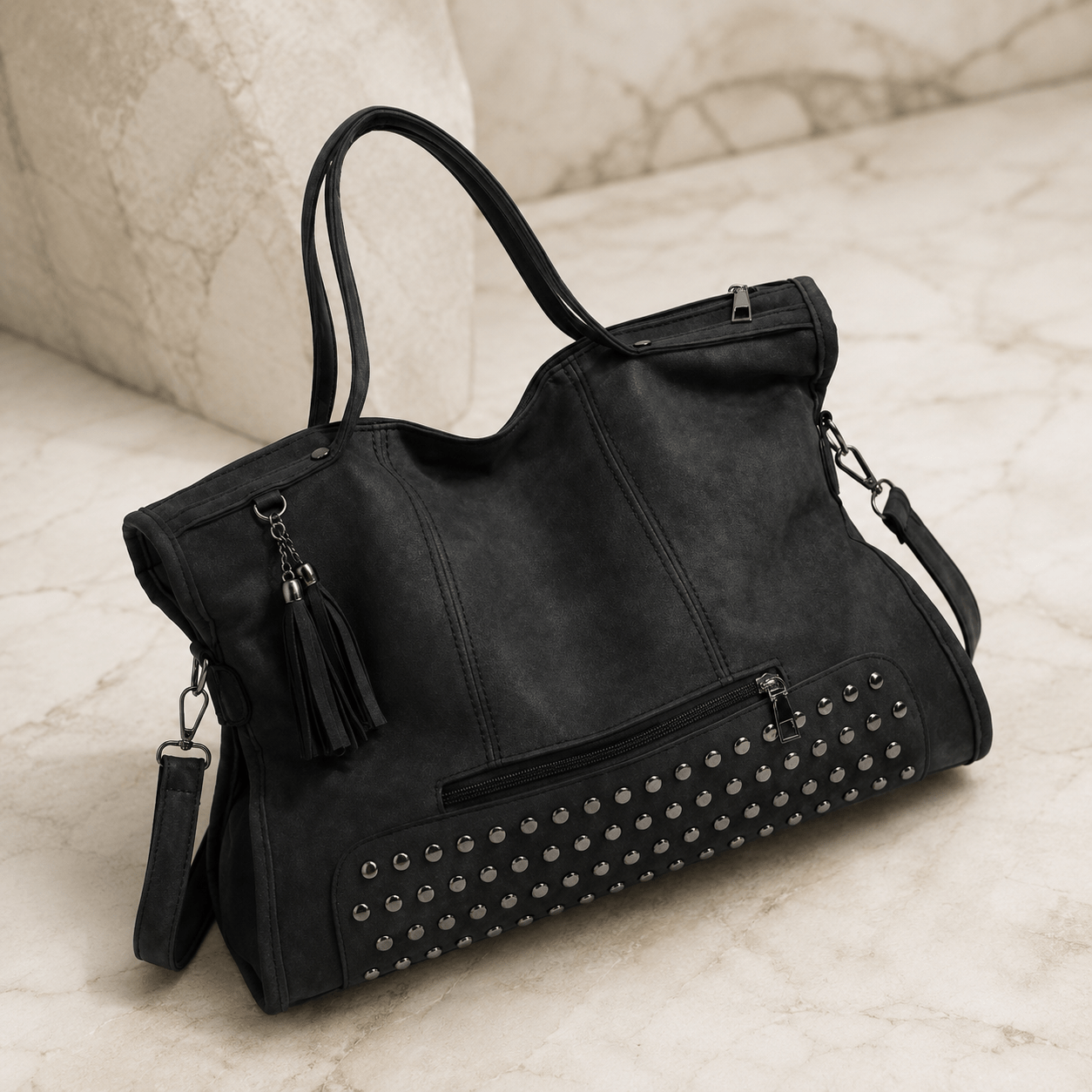 Image of Women's Vintage Studded Tassel Shoulder Bag, Large Capacity Hobo Tote With Zipper Closure And Adjustable Strap, Versatile Handbag For Commuting, Shopping And Travel