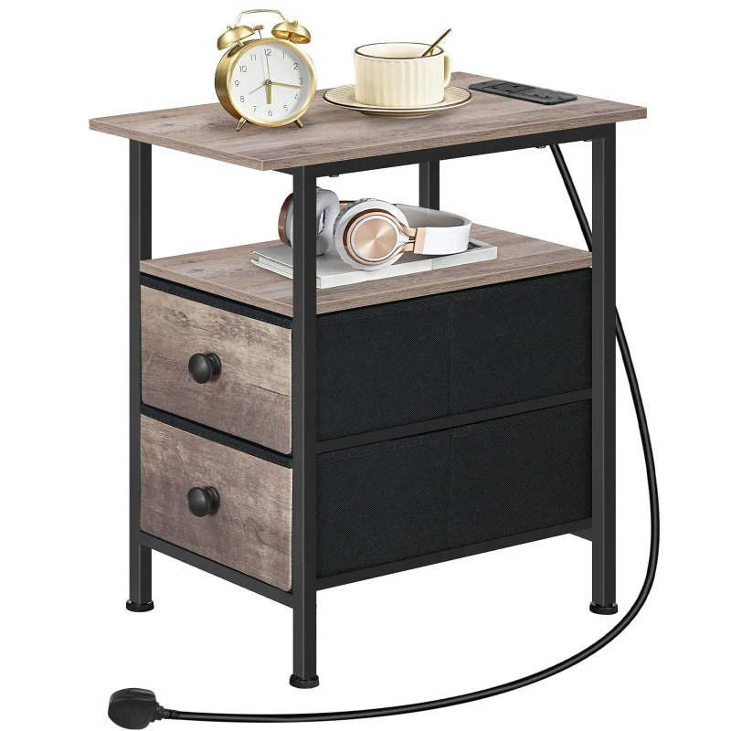 Modern Nightstand with Charging Station and Two Drawers for Storage