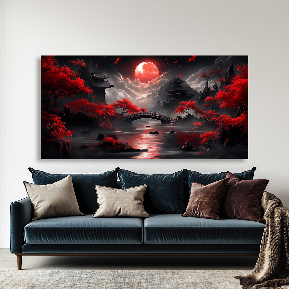 2D Flat, 2D Flat, Framed Canvas Artwork Featuring a Red Moon And Pagoda, 1.5-Inch Frame, Ideal for Decorating Bathrooms, Living Rooms, Kitchens, Bedrooms, And Offices with High-Quality Modern Prints
